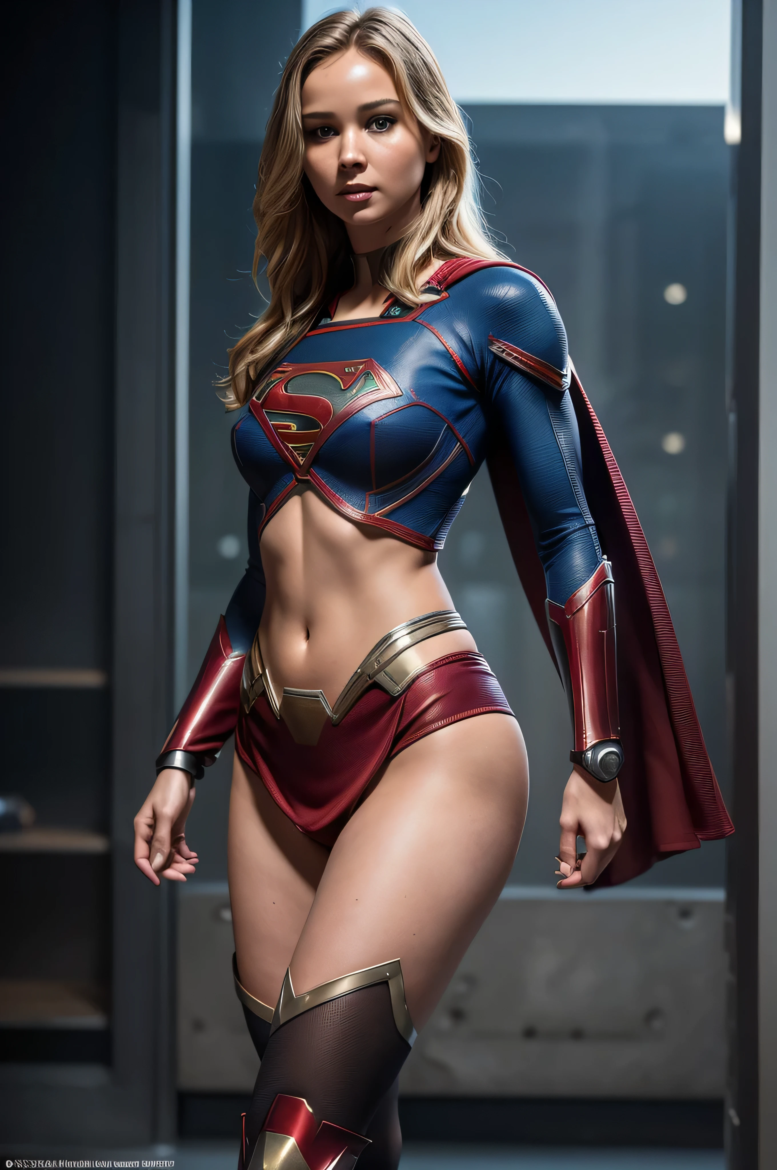 ((masterpiece, 8K, 3D, Realistic, Super Detail)), (1girl:1.3), slender 16 age, Ultra Micro photography, Jennifer Lawrence Super realistic, Perfect face, 16K resolution, 4k resolution, The photo was taken from the Front, facing to the photographer, Foreground photo, dynamic lighting, high-definition resolution, Beautiful features, ((Perfect female Model Slim body)) Beautiful features, ((small hip)), (((2 piece armor Bikini))), Sci-fi futuristic, ((Supergirl armor)) ((bionic Fragmented Supergirl chest armor suit)), Futuristic soldier, ((Exposed thighs)), wear mesh metal-stockings, ((slim thighs)), ((bionic red thighs Steel armor)), Front Full body Shot, full body portrait, perfect legs, shoes, futuristic city background