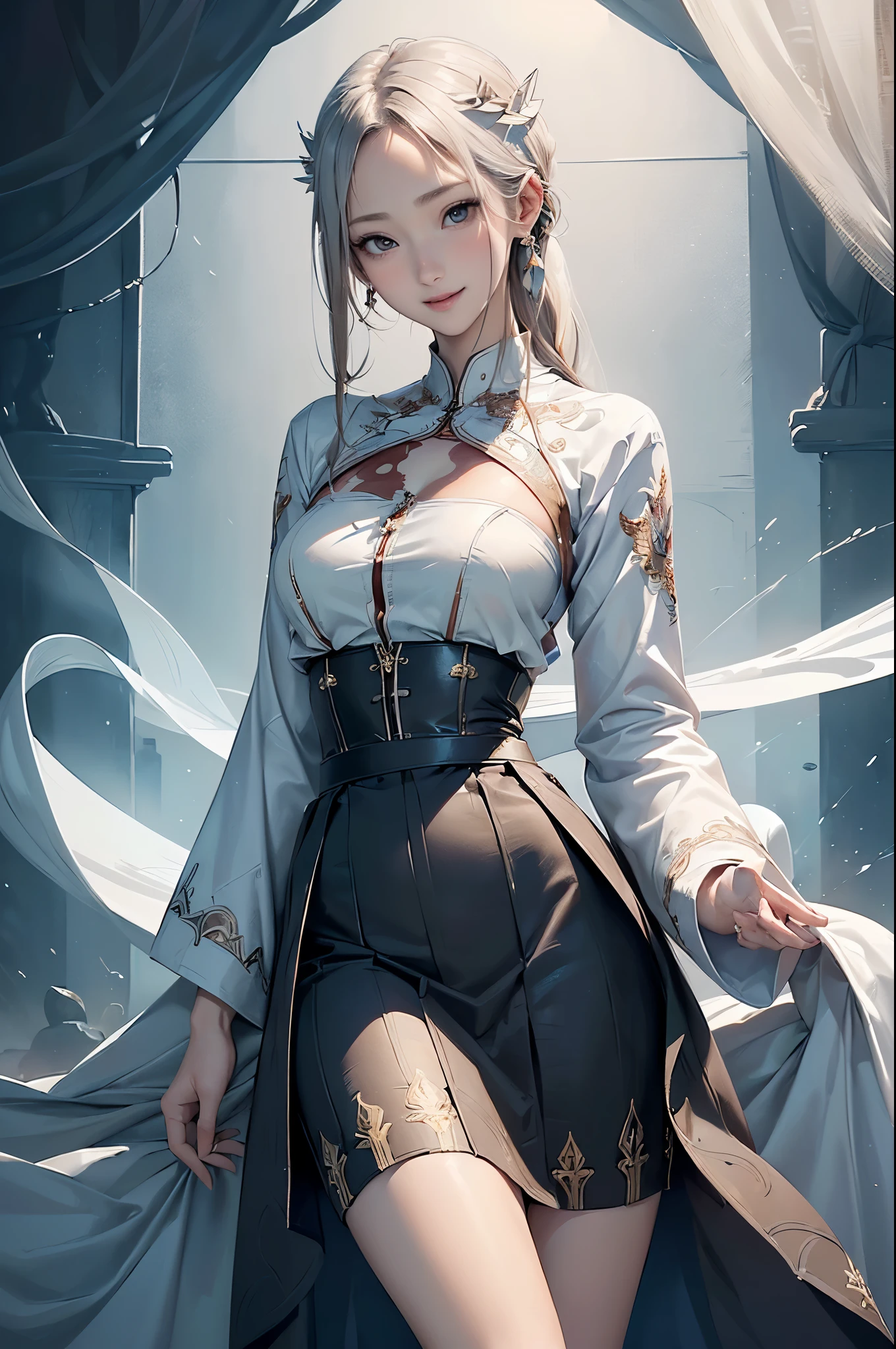 ((Biologically correct limb count))、(( Illustrations including faces))、4K、Masterpiece、((Focus on the face))、((Symmetrical, well-proportioned facial features))、Eyes with delicate depictions、Beautiful woman、Outstanding style、Slender Body、(General's clothes、High heels、((skirt)))、(Looking up、smile)、((Upper body close-up))、Lisa Lynstaut