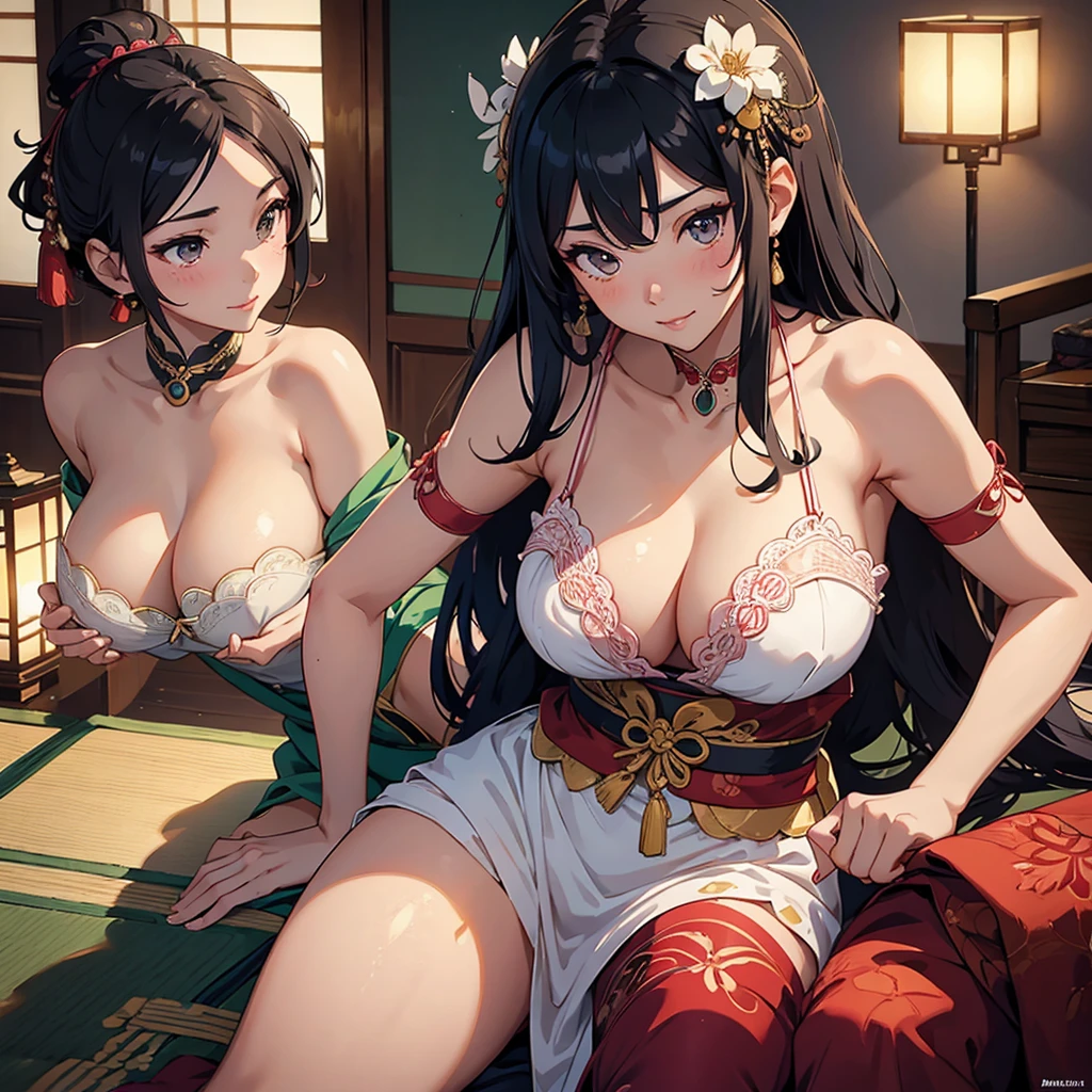 (a lovely busty malaysian woman:1.1,barely covering herself,teasing the viewer),traditional japanese komono,exquisite silk fabric,elaborate floral patterns,(best quality,highres),soft lighting,warm color tones,vibrant colors,delicate lace details,enticing expression,lustrous black hair,seductively posed,alluring atmosphere,subtle makeup,inviting gaze,subtle blush,flirtatious smile,beautifully manicured nails,graceful body movements,sensual curves,charming personality,eye-catching accessories,playful charm,sheer elegance,attractive silhouette,subtly revealed skin,confidence and poise,traditional japanese fans,feminine allure,mysterious aura,captivating beauty,irresistible charm,exotic allure,mesmerizing presence,impeccable style,cultural fusion, She accidentally drops her komono, OOPS SO CLUMSY