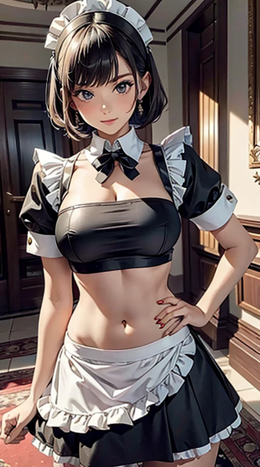 beautiful girl, , smile, High nose bridge, Thin eyebrows, Blonde, Medium Hair, Shaggy Cut, Gold cat ears, fluffy ears, Beautiful red eyes, Droopy eyes, (White blouse, Button gap:1.2), (Black mini skirt, Black knee socks:1.4), (Huge breasts, Small waist, Thick thighs:1.5),