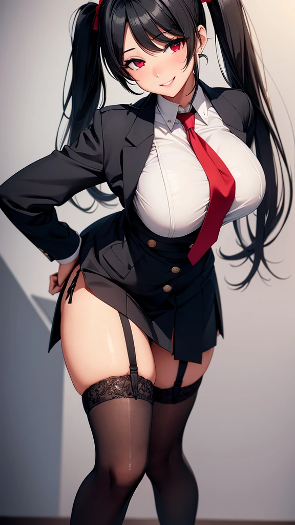 Girl, uniform, white shirt, neck tie, sexy body, big breasts, cleavage, big hip, stockings, garter belts, smiling, beautiful face, detailed face, very detailed eyes, long black hair, twintail hair, red eyes, beautiful eyelashes, (full body), high quality, detailed background, high resolution, red eyeliner make up, blush on, (best quality)