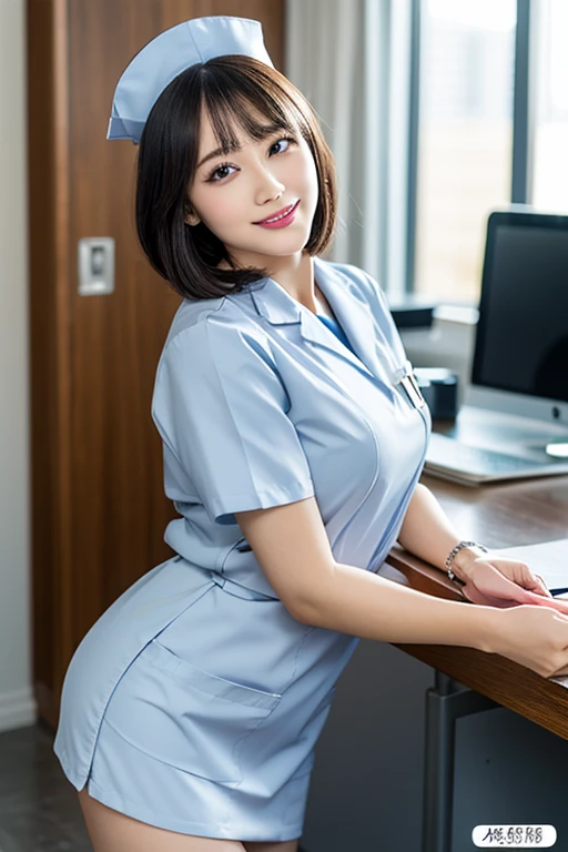 (Best quality: 1.5), (Realistic: 1.5), (1 person: 1.5), (Very detailed), (High resolution), 8k, ((White nurse uniform)), (Nurse cap), (micro mini skirt), (medium breasts), natural colored lips, cute smile, 20 year old girl, (beautiful and elaborate face), (perfect and beautiful face), (big eyes), (beautiful and elaborate face), (left and right balance) Beautiful eyes), Beautiful double eyelids, Perfect and beautiful face, Thin arched eyebrows, Slim face, (Slim figure), Beautiful thin nose, Beautiful skin, (Medium bob hair), Natural bangs, Fair skin, Front view lighting, (lighting the face), dark blue eyes, slim waistline, slender beautiful legs, Office room, sitting at the office desk, police uniform, micro miniskirt police, Holding handcuffs in your right hand, holding a notebook in your left hand,