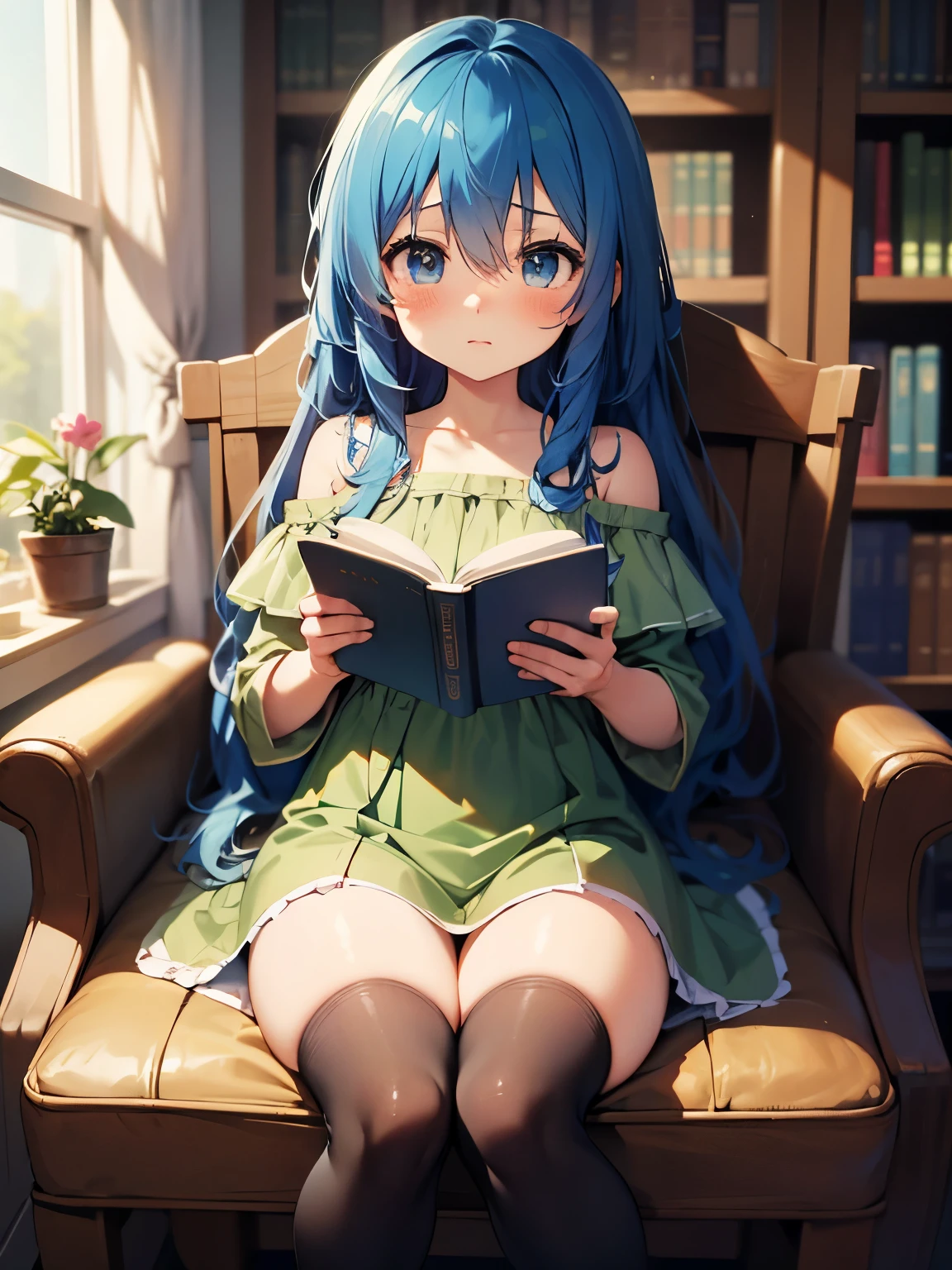 Yoshino Astral Dress、Long Hair、blue eyes、ribbon、Hair between the eyes、Blue Hair,(cropped:1.5),Off the shoulder,Shorts,Fishnet tights,(Perfect hands),(Perfect Anatomy),(masterpiece),(highest quality),Embarrassed,blush,library,Sitting in a chair,Reading a book