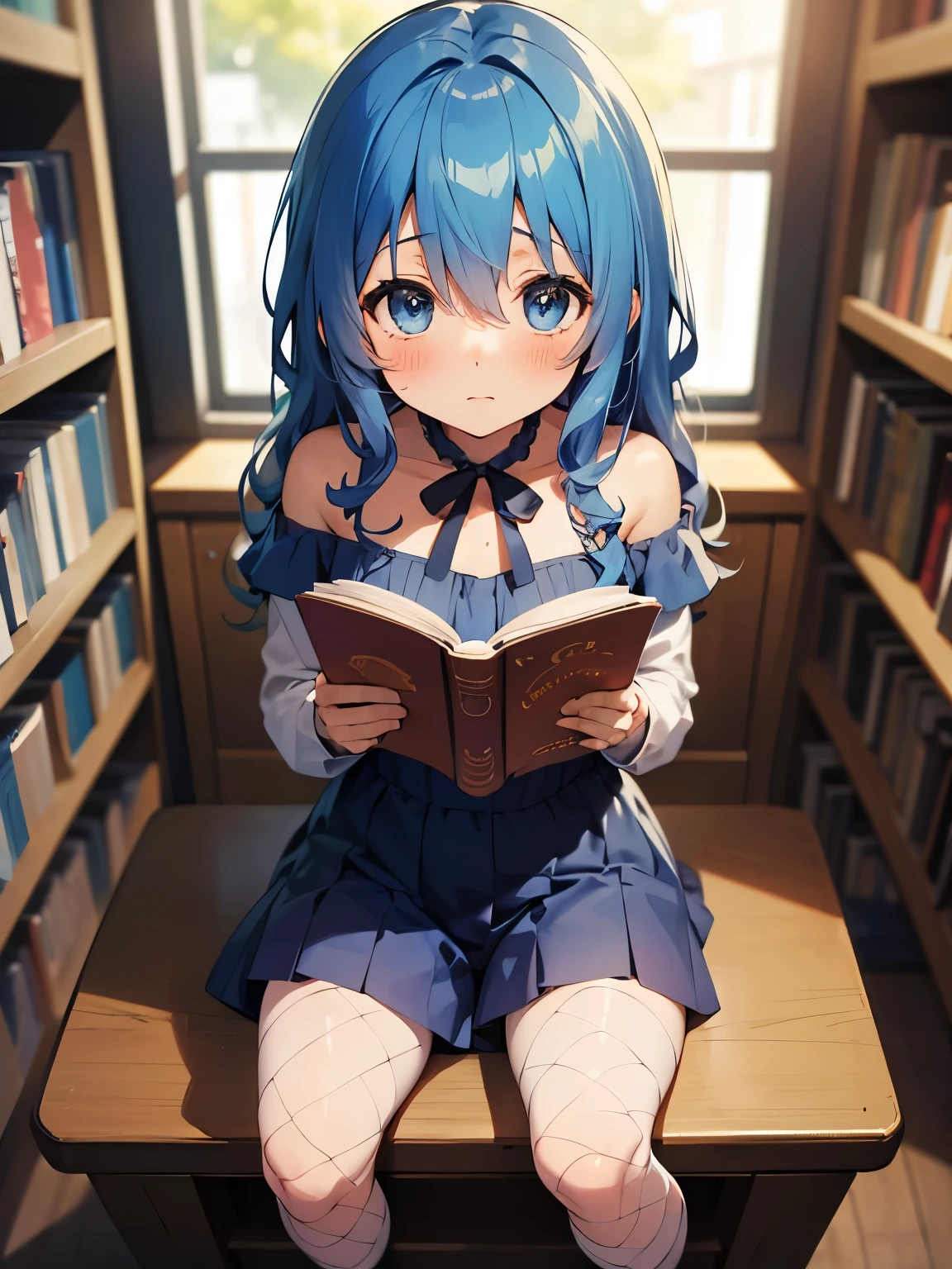 Yoshino Astral Dress、Long Hair、blue eyes、ribbon、Hair between the eyes、Blue Hair,(cropped:1.5),Off the shoulder,Shorts,Fishnet tights,(Perfect hands),(Perfect Anatomy),(masterpiece),(highest quality),Embarrassed,blush,library,Sitting in a chair,Reading a book