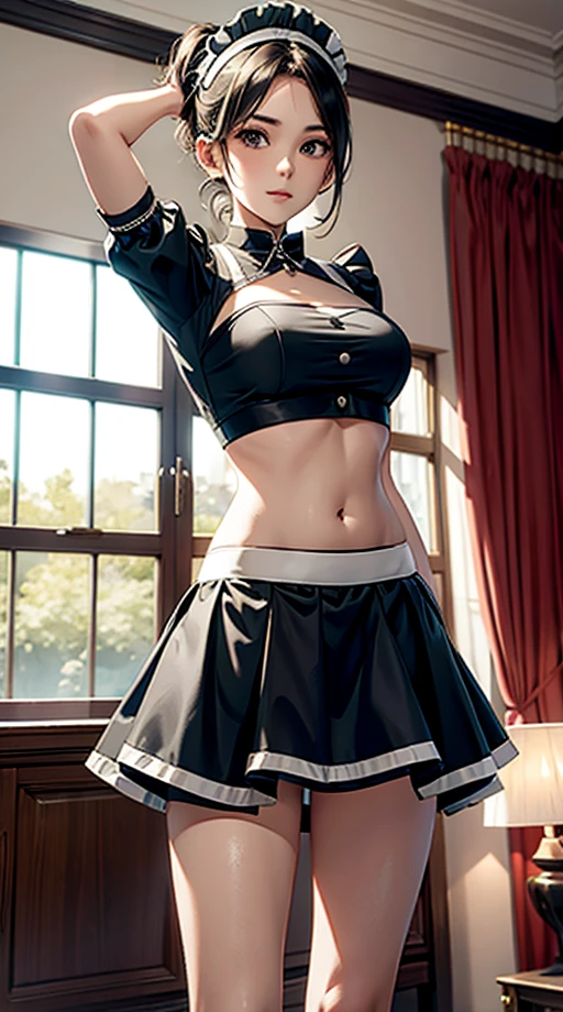 Woman in crop top maid uniform, showing navel, skirt, Mansion
