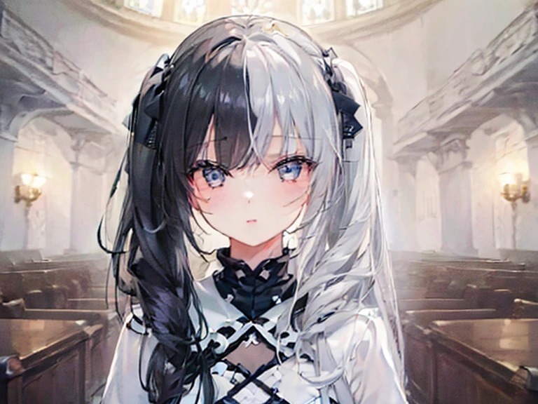 highest quality、highest quality、8k、Ultra-high resolution、highest quality、Very detailed、Perfect Face、Very detailed、Very delicate、1 boy, ((alone))、,Anime Style、church、Twin tails、(One Girl)、Two-tone hair, Black and White,Black and White、2 Tone,(hlfcol haired girl with black and white hair),(1 girl:1.9),left_right,
