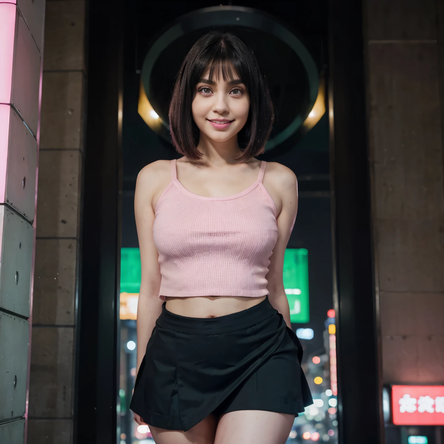 Front view, straight hair, bob cut hair, ((black hair)), skinny shape, thick legs, green eyes, standing , tokyo, night city lights, skirt, eyes front view, huge lips, ((pink top)), ((big eyes)), big lips , wide hips, tiny nose, ((perfect face)), perfect skin, ((beautiful smile))