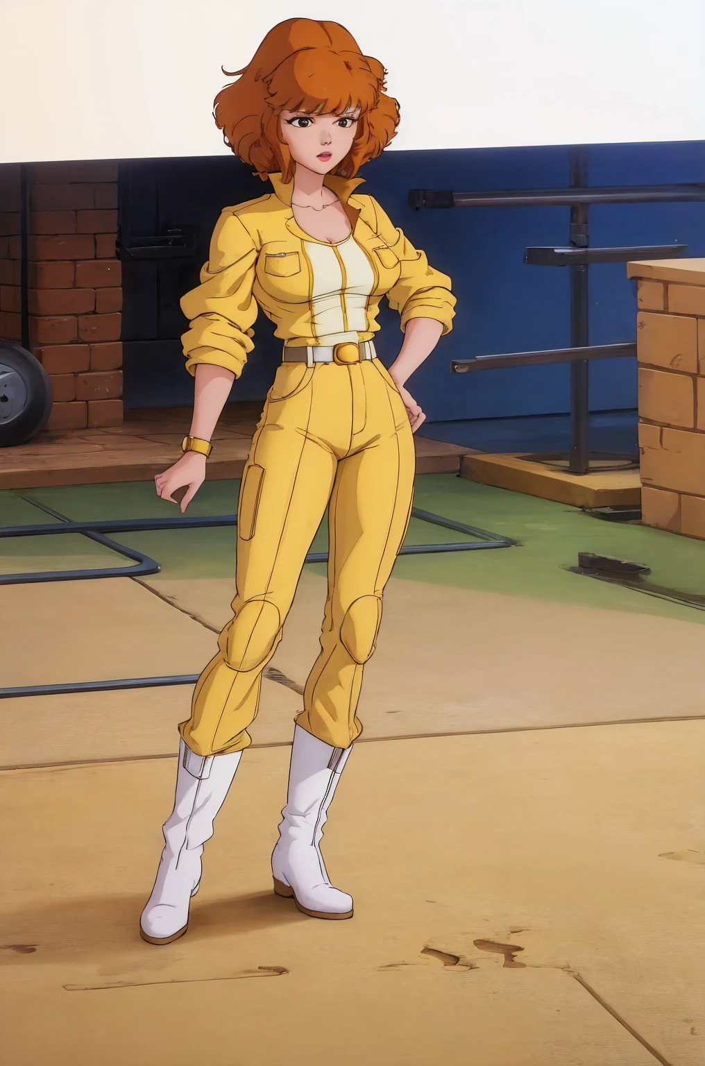 absurdres, april o'neil, 1girl, short brown hair, black eyes, full body, yellow jumpsuit, sleeves rolled up, white belt, high white boots, tight clothes,