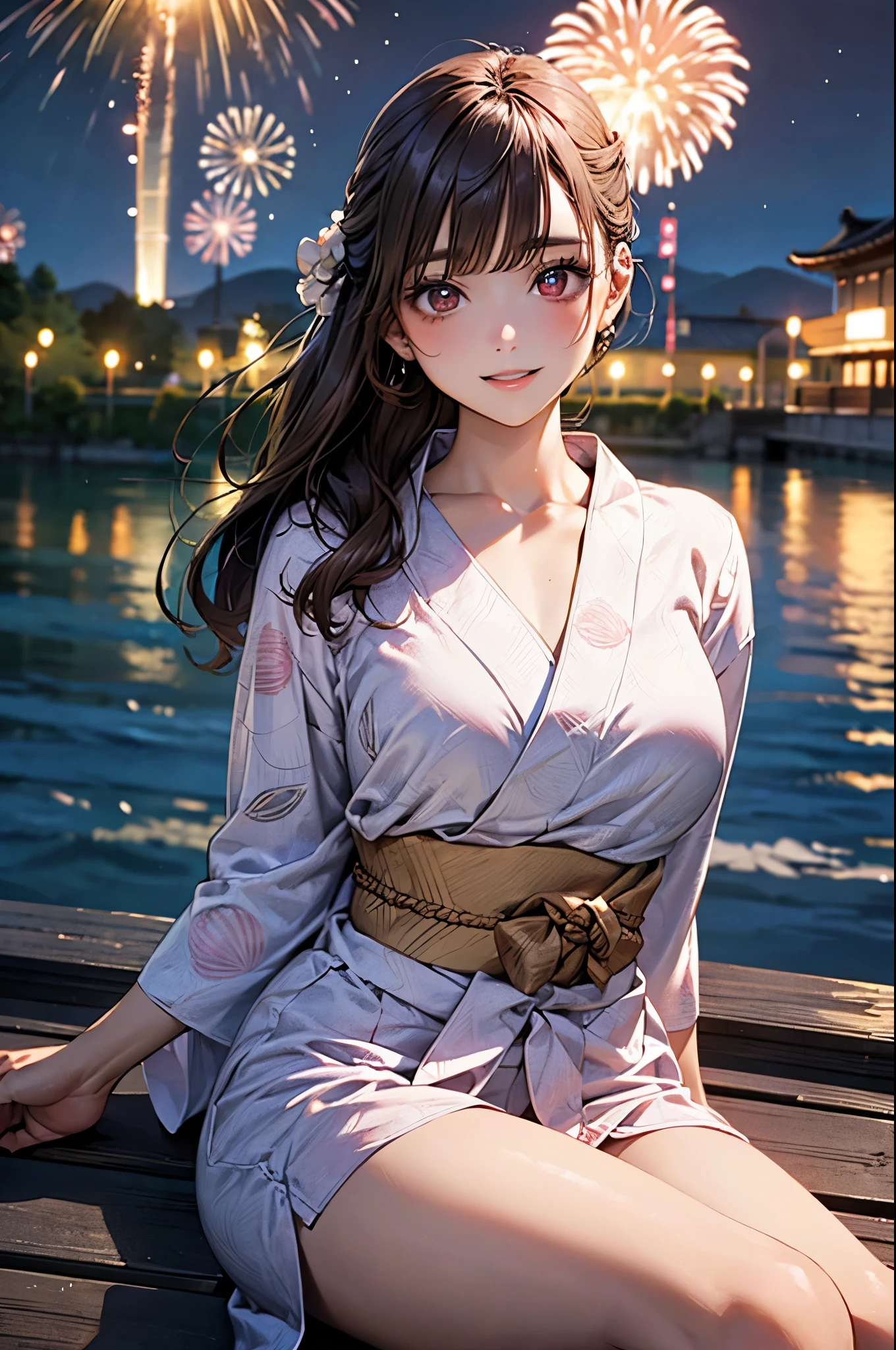 (masterpiece:1.2, Highest quality), (Realistic, photoRealistic:1.4), Beautiful illustrations, (Natural Side Lighting, Cinema Lighting),
View your viewers, Cowboy Shot, 1 girl, Japanese, high school girl, Perfect Face, Cute and symmetrical face, White skin, Glowing Skin,
(Mid-length hair, (Half Up), Light brown hair), (Side Lock, Long sideburns), Blunt bangs, Brown eyes, Long eyelashes, (Large Breasts), thin,
Beautiful Hair, Beautiful Face, Beautiful attention to detail, Beautiful clavicle, Beautiful body, Beautiful breasts, Beautiful thighs, Beautiful feet, Beautiful fingers, (Five Fingers)
(Detailed cloth texture, Purple yukata with floral pattern),
(Beautiful views), night, Summer festival, (River side, firework), Sitting Causeway, (Cute smile, Lips parted),