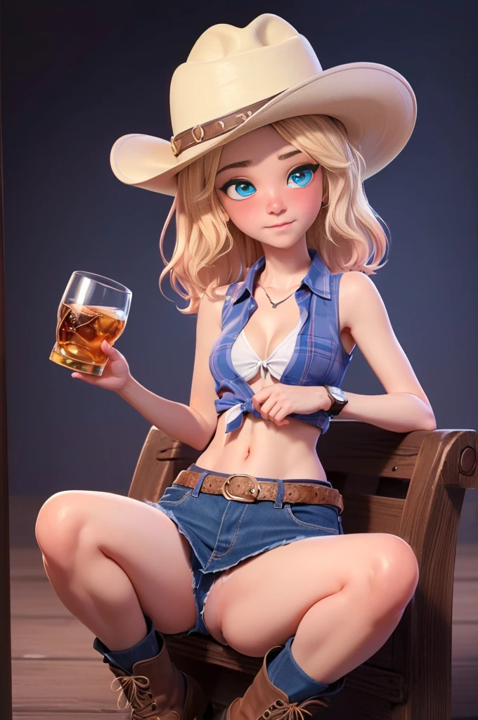 ((((1 person:2.0)))),(((Cowgirl Costume))),(((Slender body:1.2))),(((Small Ass:1.2))),(((Straight Hair:1.2))),(((Denim mini skirt))),(((Wear a western hat))),(((Wear one leather belt))),(((He is wearing a sleeveless shirt, Plaid, Front tie shirt.))),(((wear the watch))),(((short boots))),(((Showing cleavage))),(((Showing your belly button))),(((Exposing thighs))),(((Small breasts:1.5))),(((Bare arms))),(((Her hair is blonde))),, Beautiful detailed girl, Very detailed目と顔, 緻密でBeautiful Eyes, Very detailed, High resolution, highest quality, masterpiece, Very detailed, 8k wallpaper, wonderful, finely, highest quality, The light shines on your face,(Dark basement bar),((Drinking whiskey:1.2)),Beautiful Eyes,(((Blushed:1.2))),Cowboy Shot