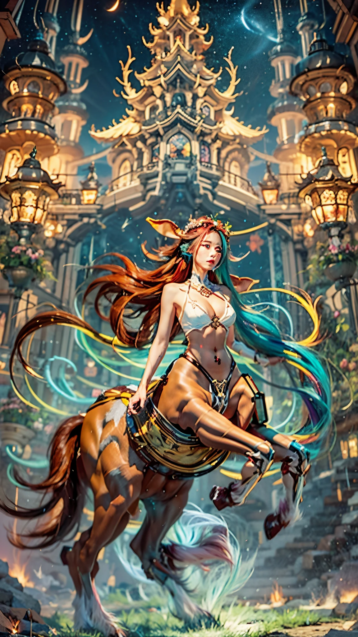 In the beautiful illustration of this super-grand scene，The ultra-distant lens shows us（More than eight distinctive and beautiful Centaur characters：2.7），Their personality、Distinctive and vivid features。from（A radiant, angelic, snow-white centaur from heaven：1.1），arrive（Nightmare-like fiery red centaur surrounded by flames：1.1）、再arrive（Green Centaur, the wind fairy dancing in the air：1.1）、再arrive有（One-horned blue centaur surrounded by lightning：1.1），arrive（A mechanical-style mecha Centaur shining with metallic light：1.1）、再arrive（A powerful dragon-shaped centaur wearing colorful dragon scale leather：1.1）、再arrive（A slender elven centaur that is graceful and agile：1.1）Gracefully wears a flower crown、arrive（Enchanting and charming Tiflin centaurs：1.1）、再arrive（A succubus centaur with an indescribably sexy feeling：1.1）。Each Centaur character fully demonstrates his unique style。The illustration uses advanced artistic techniques and tools，Use nesting、Weaving、Splicing、perspective、interlude、Montage and other artistic techniques，Divide the scene into sections by geometric arrangement，Each part corresponds to a role，from而更有效地利用了空间，Make eight centaurs exist in one picture at the same time，（The style tends to be grotesque、Hayao Miyazaki、Aesthetic、indescribable：3.3）。Through Midjourney's advanced brush tools、Color palette、Material packs和模型包、Texture tools，For each centaur, beautiful props are designed to increase racial characteristics、Clothing and physical features，Enhances the character's personality and visual appeal，（Stunning landscapes in illustrations，There are changing skies、rainbow、aurora、Stars and Moon，Incorporating iconic landmarks such as Mount Everest，and fireworks、Tranquil Lake、Natural and urban elements of waves and neon lights，Creates a magical atmosphere：1.5），Centaurs demonstrate their unique abilities and equipment in a variety of environments，This is true even in extreme alien landscapes。Use Midjourney's tools、Material packs、Texture tools、The color palette makes depicting details vivid and realistic，from复杂的发型和以及不同的种族特质、Body、Appearance features、服装arrive真实的纹理，Greatly improved the realism of the Centaurs and their surroundings，The fusion of multiple art styles adds dynamism to the character&#39;s movement at all angles，The overall visual experience is further enriched。The final illustration was described as a "masterpiece"，It has the characteristics of "best quality" and "realistic"，The details put into the creative process are shown、Level of creativity and craftsmanship。 hdr，（Reality，Masterpiece quality，Best quality）