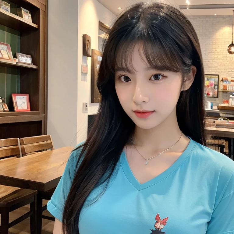 frontal photo Looking straight into the camera,8k quality,, Close-up photo of a cute Korean woman,Chest size 34 inches, His long, black hair flowed up.,)  There are beautiful red flowers adorning her head., ponytail, Wear a blue T-shirt.,  necklace, Inside the coffee shop,  Taken with a high quality camera 45,000,000 pixels, realistic light colors, 