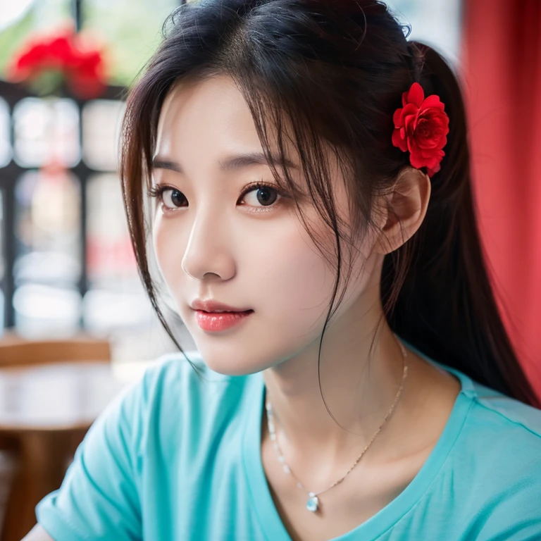 frontal photo Looking straight into the camera,8k quality,, Close-up photo of a cute Korean woman,Chest size 38 inches, His long, black hair flowed up.,) There are beautiful red flowers on her head., ponytail, Wear a dark yellow t-shirt., necklace, Inside a luxurious coffee shop, open aperture, Taken with a high quality camera 45,000,000 pixels, realistic light colors,