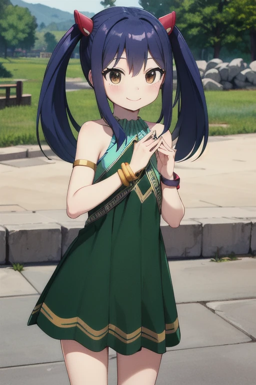 masterpiece, highest quality, High resolution, Arwendy, Long Hair, Twin tails, hair ornaments, Exposing shoulders, Green Dress, Sleeveless dress, Bracelet, bracelet, Outdoor, Are standing, Cowboy Shot, smile,