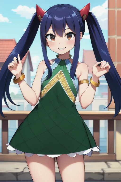 masterpiece, highest quality, High resolution, Arwendy, Long Hair, Twin tails, hair ornaments, Exposing shoulders, Green Dress, Sleeveless dress, Bracelet, bracelet, Outdoor, Are standing, Cowboy Shot, smile,
