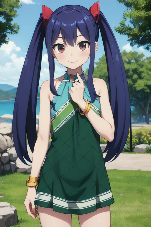 masterpiece, highest quality, High resolution, Arwendy, Long Hair, Twin tails, hair ornaments, Exposing shoulders, Green Dress, Sleeveless dress, Bracelet, bracelet, Outdoor, Are standing, Cowboy Shot, smile,