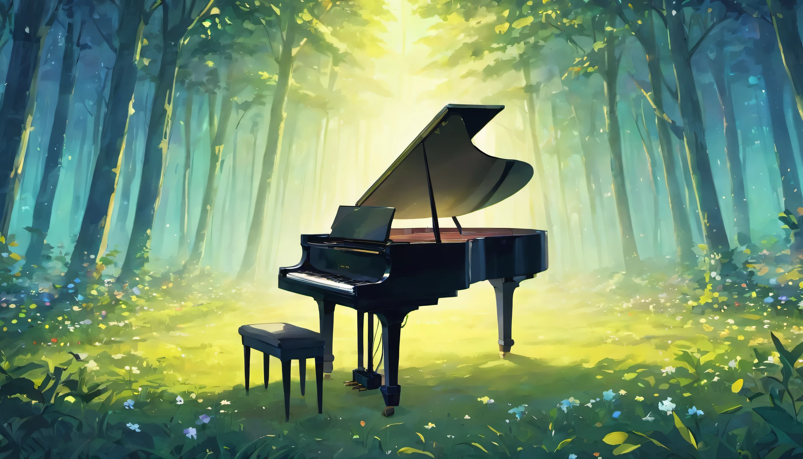 A grand piano in a forest flower field during blue hour with magnificent clouds and moonlight.、A grand piano illuminated by the full moon、No people, just a grand piano