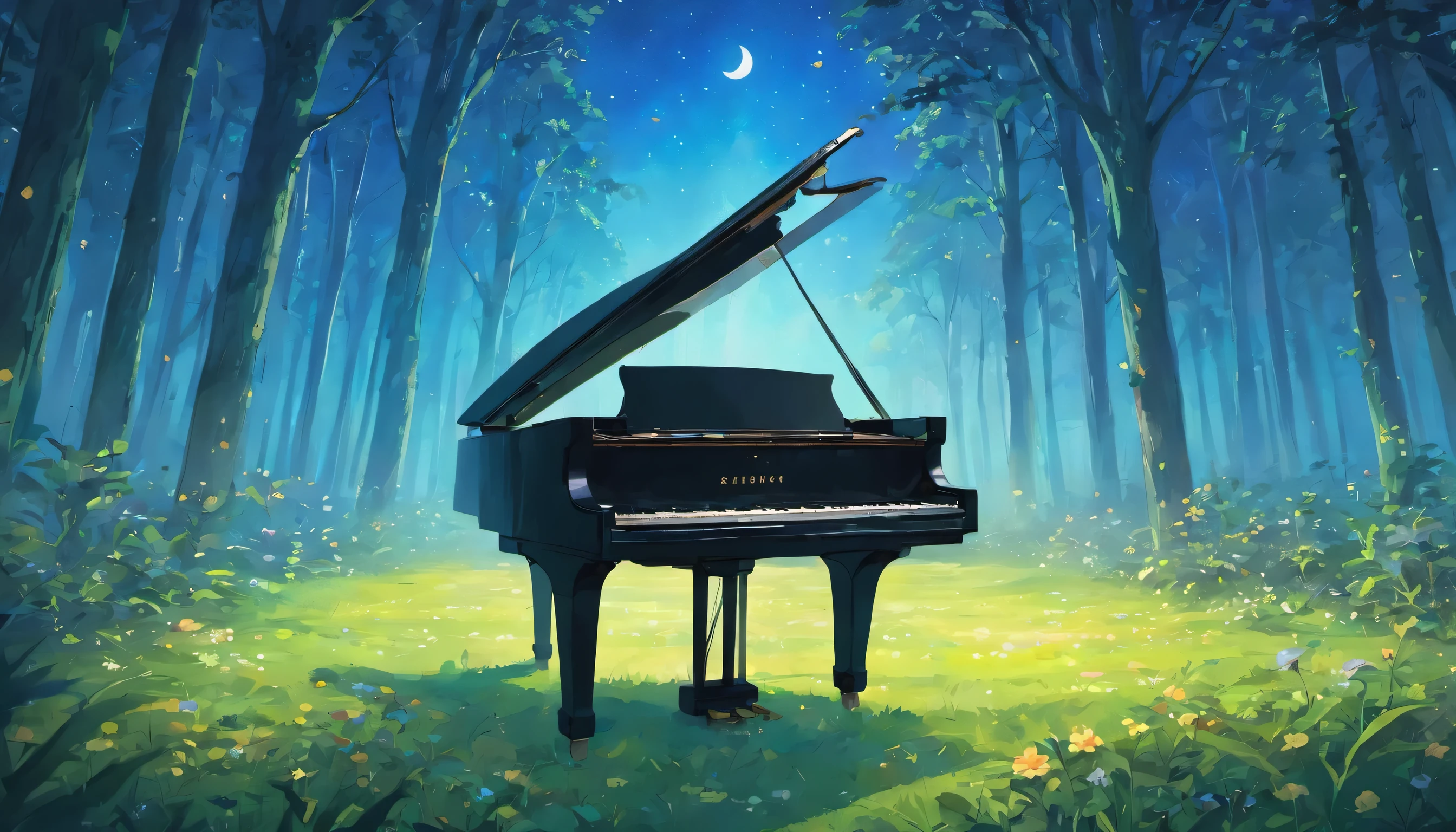 A grand piano in a forest flower field during blue hour with magnificent clouds and moonlight.、A grand piano illuminated by the full moon、No people, just a grand piano