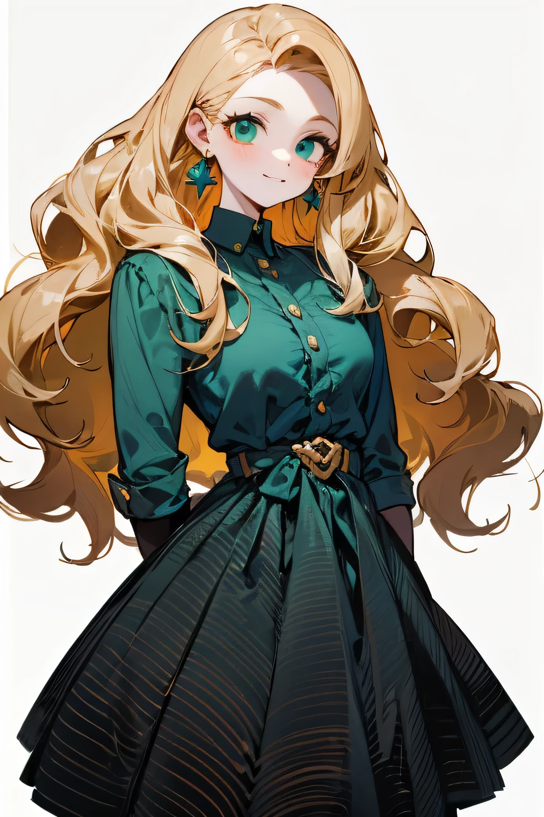 1 Girl, Solitary, permanent, Active woman, Very detailed, Vibrant colors, Composite lighting, professional shading, (White background:1.5), (Blank Background:1.5), masculine shape, Clear and sharp images, high quality texture, perfectly structured, natural proportions, slim, Smile, Pale skin, (Blonde Hair), (curls), long hair, Green Eyes, (Casual wear), American Fashion, earrings, Jewelry,