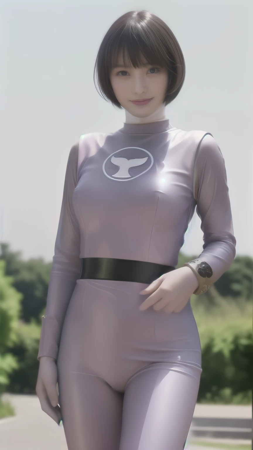 A 25 year old woman wearing a sexy dark pink and white glossy skin-tight hero suit:1.8, highest quality, High resolution, 8k, One girl, Huge breasts :1.5, (bangs,Black Hair,Shortcuts), Shiny skin, View your viewers, smile,:1.5 Whole body:1.5