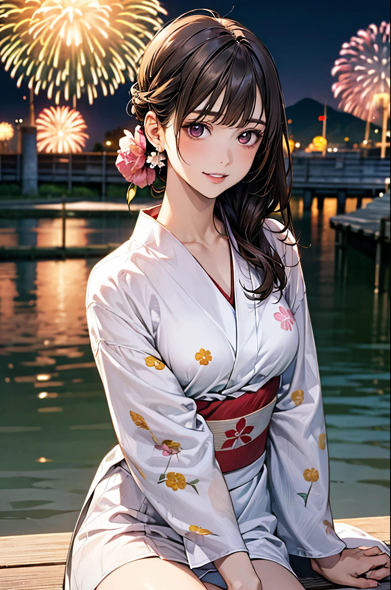 (masterpiece:1.2, top-quality), (realistic, photorealistic:1.4), beautiful illustration, (natural side lighting, movie lighting),
looking at viewer, cowboy shot, 1 girl, japanese, high school girl, perfect face, cute and symmetrical face, white skin, shiny skin,
(long hair, (half updo), light brown hair), (sidelocks, long sideburns), blunt bangs, brown eyes, long eye lasher, (large breasts), slender,
beautiful hair, beautiful face, beautiful detailed eyes, beautiful clavicle, beautiful body, beautiful chest, beautiful thigh, beautiful legs, beautiful fingers, (five fingers)
(detailed cloth texture, flower pattern pink yukata),
(beautiful scenery), night, summer festival, (riverside, fireworks), sitting causeway, (lovely smile, parted lips),