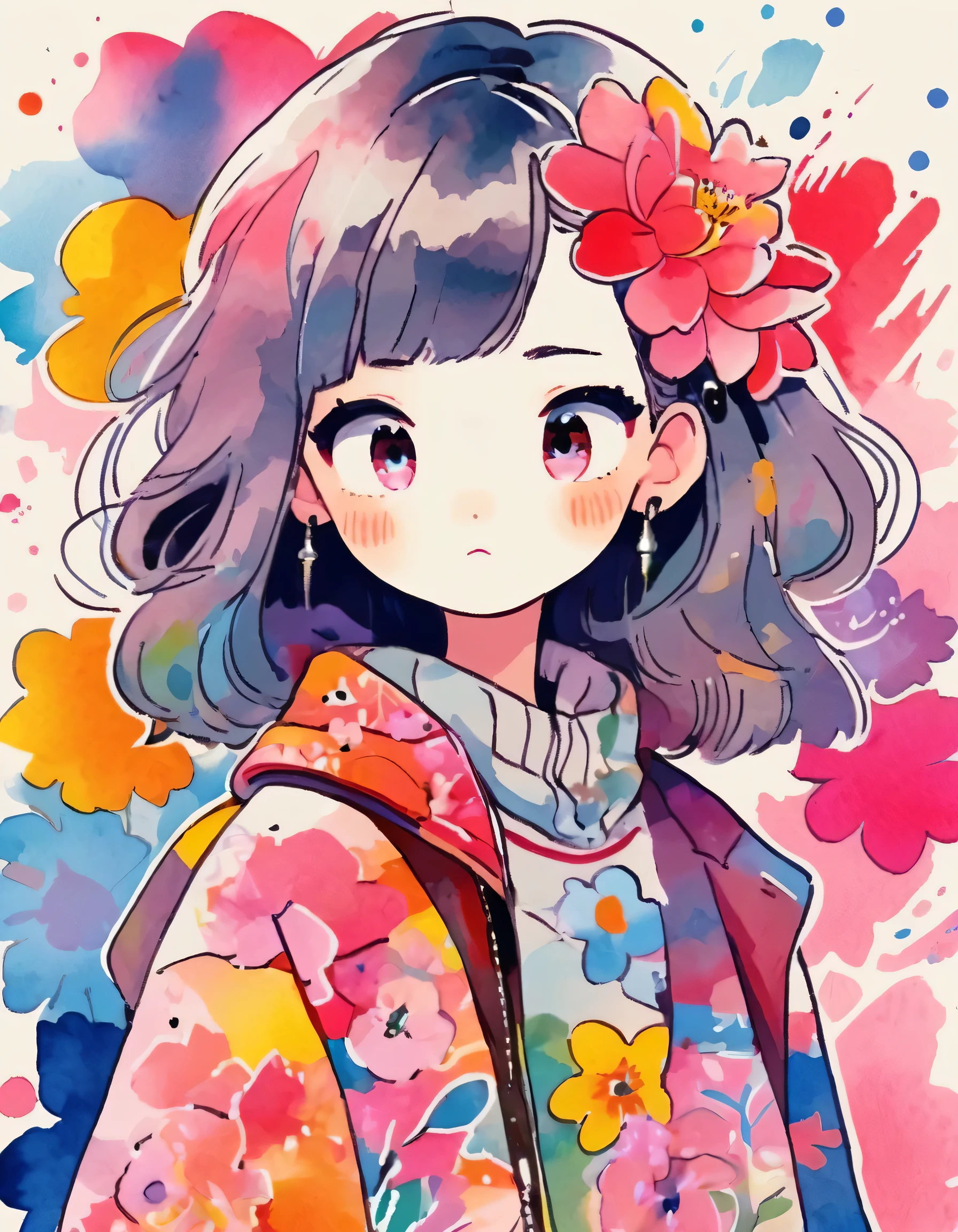 Momoko Sakura Style、(((stylish fashion))), 8K Quality、Intense watercolor, Detailed watercolor art, Watercolor splash, Surreal, avant-garde pop art, Beautiful and expressive paintings, Beautiful artwork illustration, Very colorful tones, wonderful, Cool beauty, highest quality、Official Art, Vector art, Stylish design, (((The most beautiful girl))), (((chibi))), (((highest quality))), HDR, ((detailed)), (((Doodle Art)), ((masterpiece)), ((Super detailed)), (((Colorful flowers))),(((Stylish)))