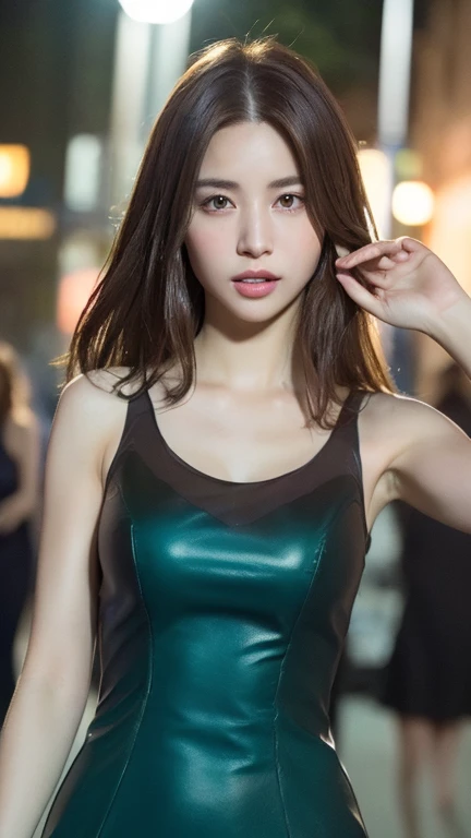 ((Realistic lighting, Best quality, 8K, Masterpiece: 1.3)), Focus: 1.2, 1girl, Perfect Body Beauty: 1.4, Slim Abs: 1.1, ((Dark Brown Hair)), (Aqua Dress: 1.4), (Outdoor, Night: 1.1), City Street, Super Fine Face, Fine Eyes, Double Eyelids, beautiful fingers