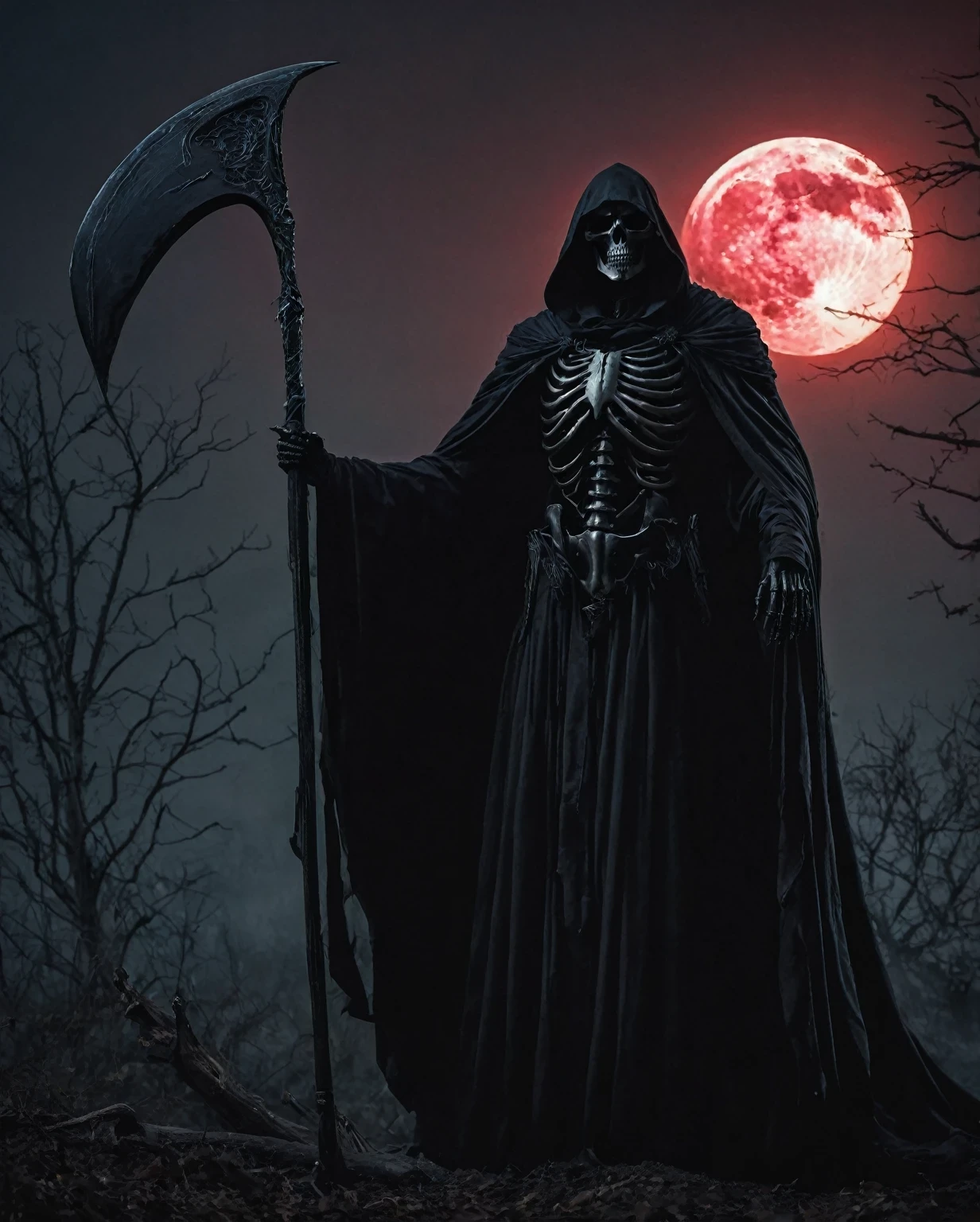 A mysterious Grim Reaper stands tall in the moonlit night, draped in a flowing black cloak. The Reaper's skeletal form is accentuated by their bony hands firmly grasping a gleaming scythe, ready to harvest souls. The scene is bathed in an eerie red glow as the moon shines ominously overhead. Shadows dance across the landscape, adding an extra layer of darkness to the atmosphere. The Reaper's presence exudes an aura of power and inevitability, emphasizing the transcendence between life and death. This masterpiece captures the intricate details of the Reaper's face and robe, showcasing the craftsmanship of the illustration. The art style is blended with elements of dark fantasy and gothic horror, transporting the viewer into a realm veiled in mystery. The artwork possesses a realistic yet ethereal quality, with carefully rendered shadows and highlights that give depth to this haunting scene. The overall color palette leans towards deep shades of black and crimson, enhancing the sinister ambiance. Dramatic lighting illuminates the Reaper's face, casting haunting shadows that add a sense of depth and dimension. This ultra-detailed prompt ensures the highest quality imagery, with a focus on evoking emotions and creating a compelling visual narrative.