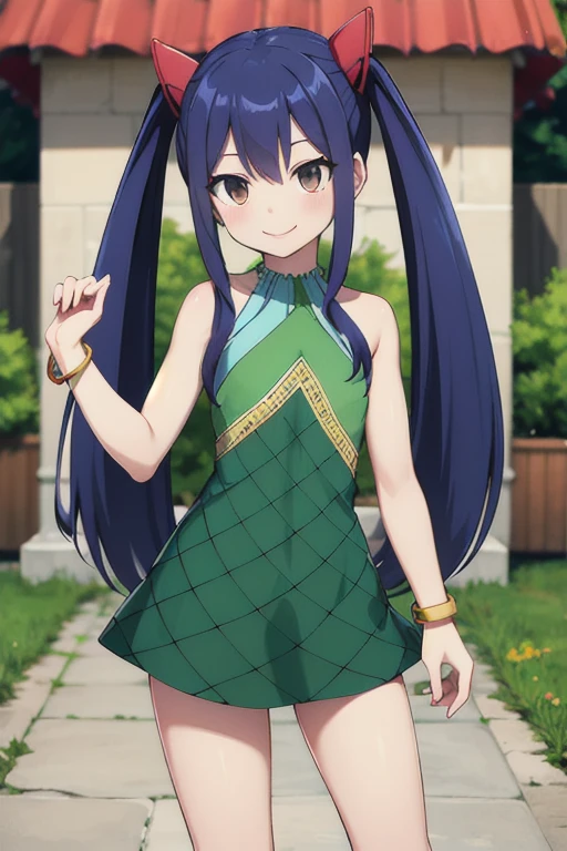 masterpiece, highest quality, High resolution, Arwendy, Long Hair, Twin tails, hair ornaments, Exposing shoulders, Green Dress, Sleeveless dress, Bracelet, bracelet, Outdoor, Are standing, Cowboy Shot, smile,