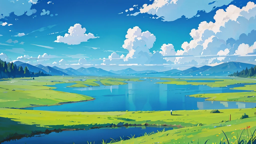 Vast grasslands,Blue sky and white clouds,lake,