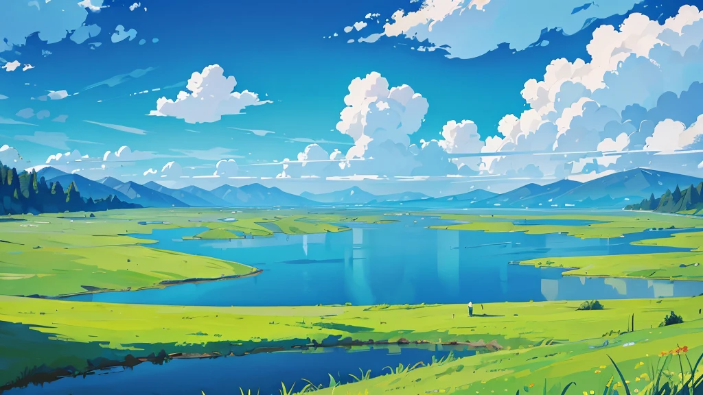 Vast grasslands，Blue sky and white clouds，lake，