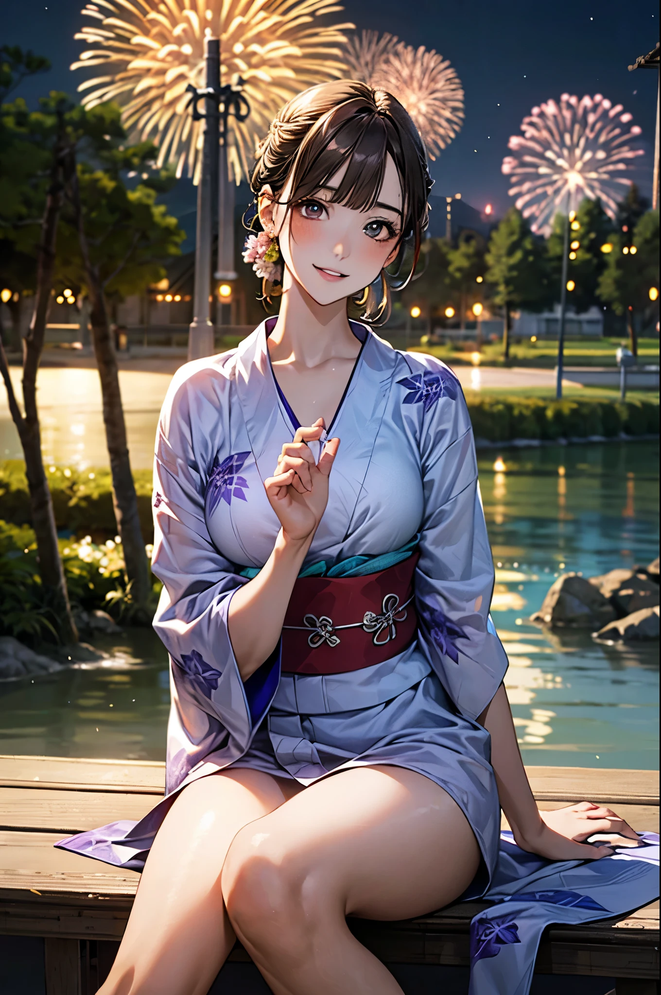 Araffe sitting on a bench with fireworks in the background - SeaArt AI