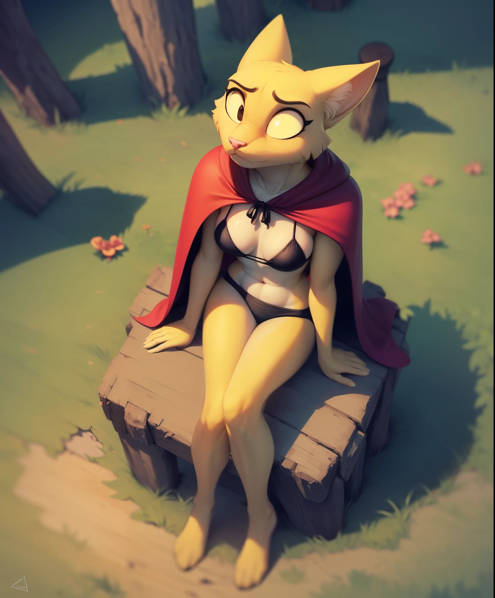 katia, cat girl, furry anthro, solo, (furry body:1.1), (best quality), (sitting, high angle view:1.2), looking at viewer, (grumpy, frown, embarrassed, pouting, angry:1.2), outdoors skyrim background, (long yellow tail), (brown cape, brown bikini), octane render, romantic lighting, (detailed fluffy fur),