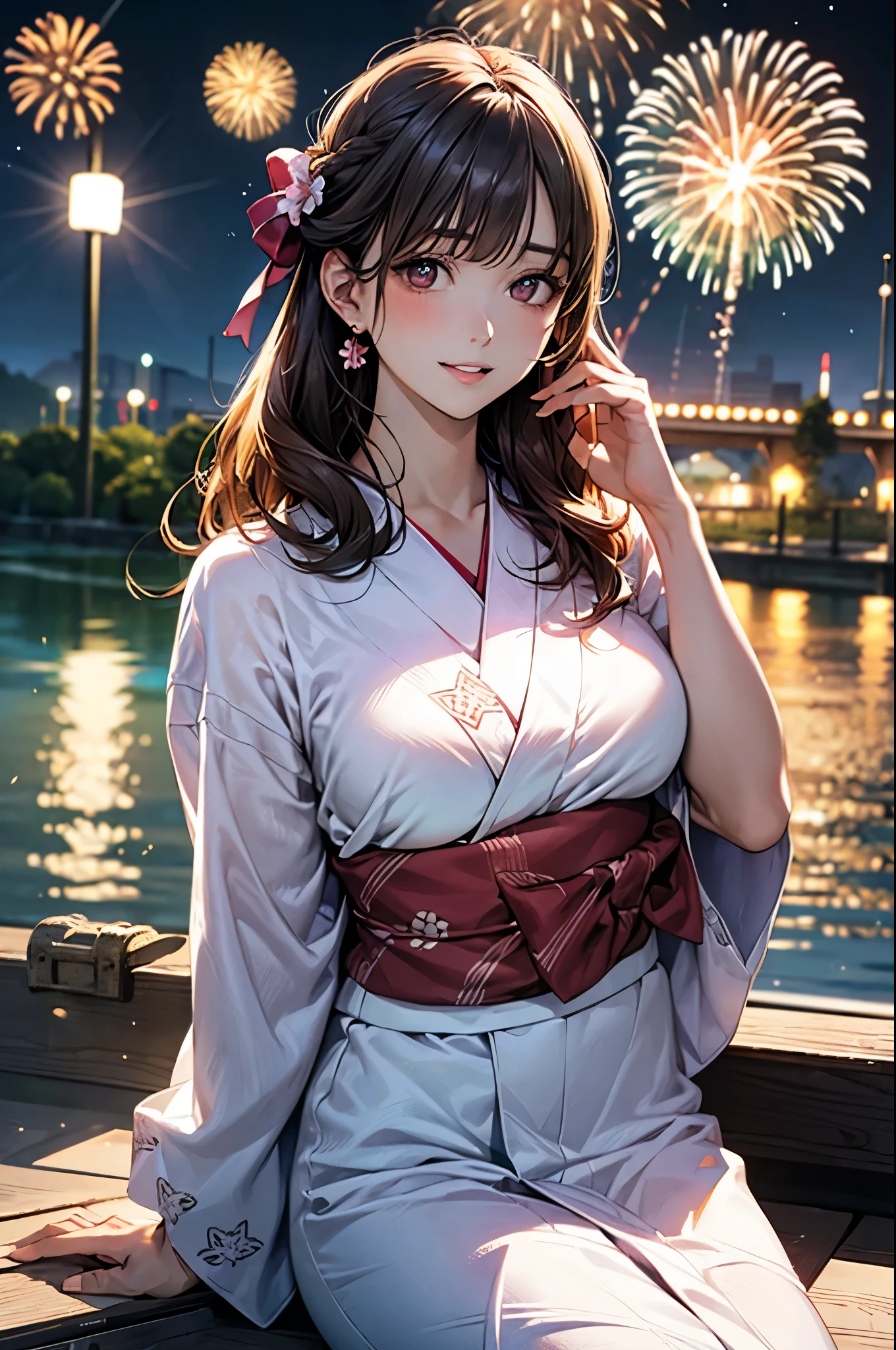 (masterpiece:1.2, top-quality), (realistic, photorealistic:1.4), beautiful illustration, (natural side lighting, movie lighting),
looking at viewer, cowboy shot, 1 girl, japanese, high school girl, perfect face, cute and symmetrical face, white skin, shiny skin,
(long hair, (half updo), light brown hair), (sidelocks, long sideburns), blunt bangs, brown eyes, long eye lasher, (large breasts), slender,
beautiful hair, beautiful face, beautiful detailed eyes, beautiful clavicle, beautiful body, beautiful chest, beautiful thigh, beautiful legs, beautiful fingers, (five fingers)
(detailed cloth texture, flower pattern pink yukata),
(beautiful scenery), night, summer festival, (riverside, fireworks), sitting causeway, (lovely smile, parted lips),