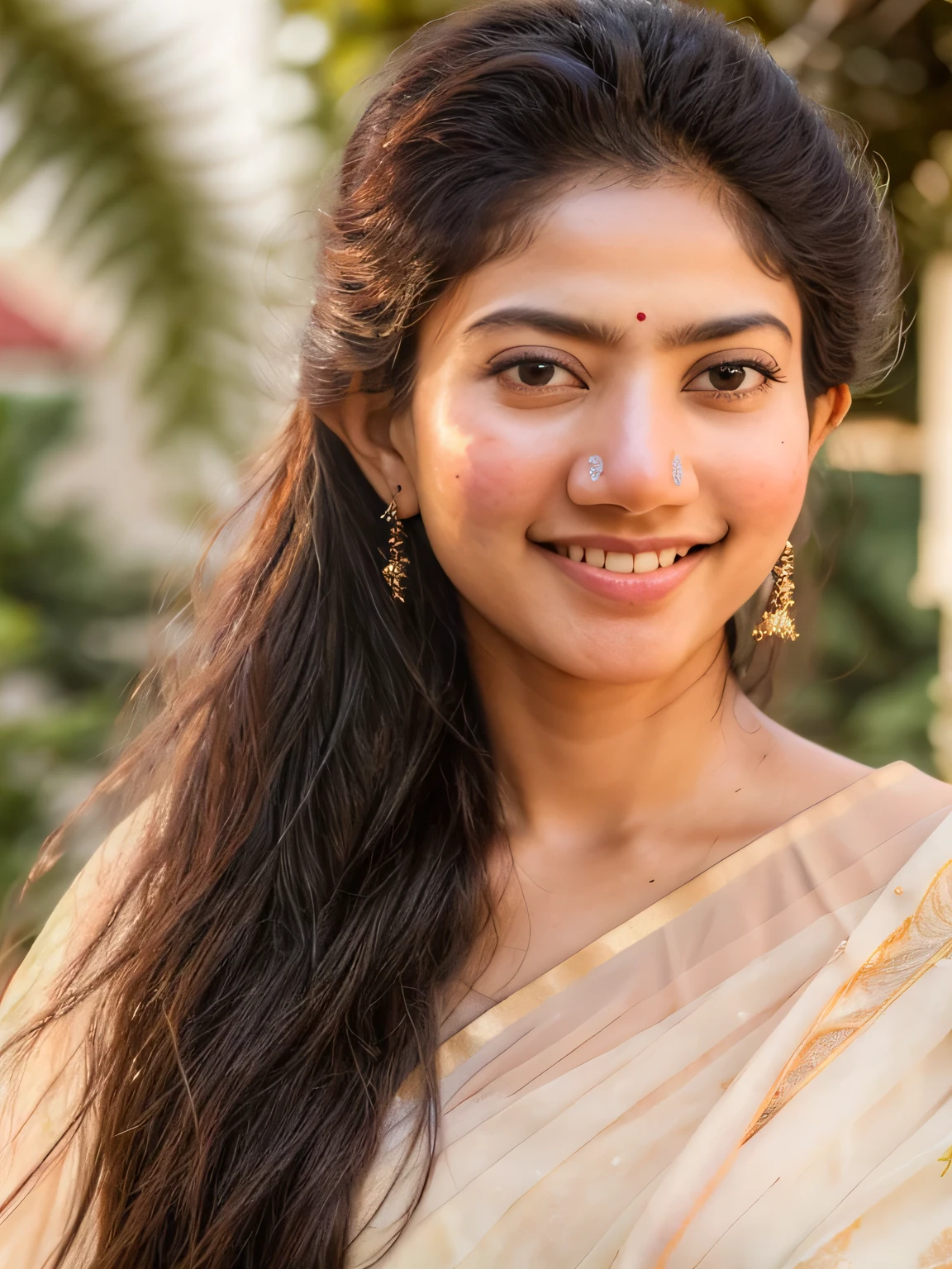 ultrarealistic hires close up photo of a 30-year-old sapa woman, outdoors, realistic skin texture, looking looking at camera, (Chiffon_saree_blouse:1.2), tied up hair, night time, smiling, beautiful bokeh background