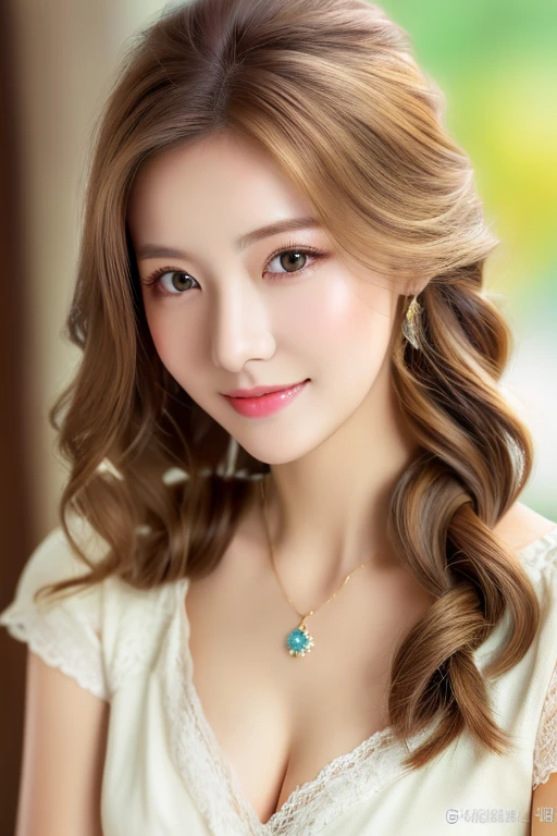 ((highest quality)), ((masterpiece)), (detailed), Head to waist angle、Perfect Face、Perfect body、Light brown hair、Beautiful Skin、A beautiful Russian and Korean woman、(masterpiece:1.3), (8k, Photorealistic, Raw photo, Best image quality: 1.4), (Random Hairstyles:1.2)、Cleavage:1.2、Super detailed face、Attention to detail、double eyelid、Sharp focus:1.2、Beautiful woman:1.4、highest quality、masterpiece、 high resolution、(Photorealistic:1.4)、非常にdetailedでプロフェッショナルな照明の笑顔、thin、Serious expression、A perfect smile、Top view