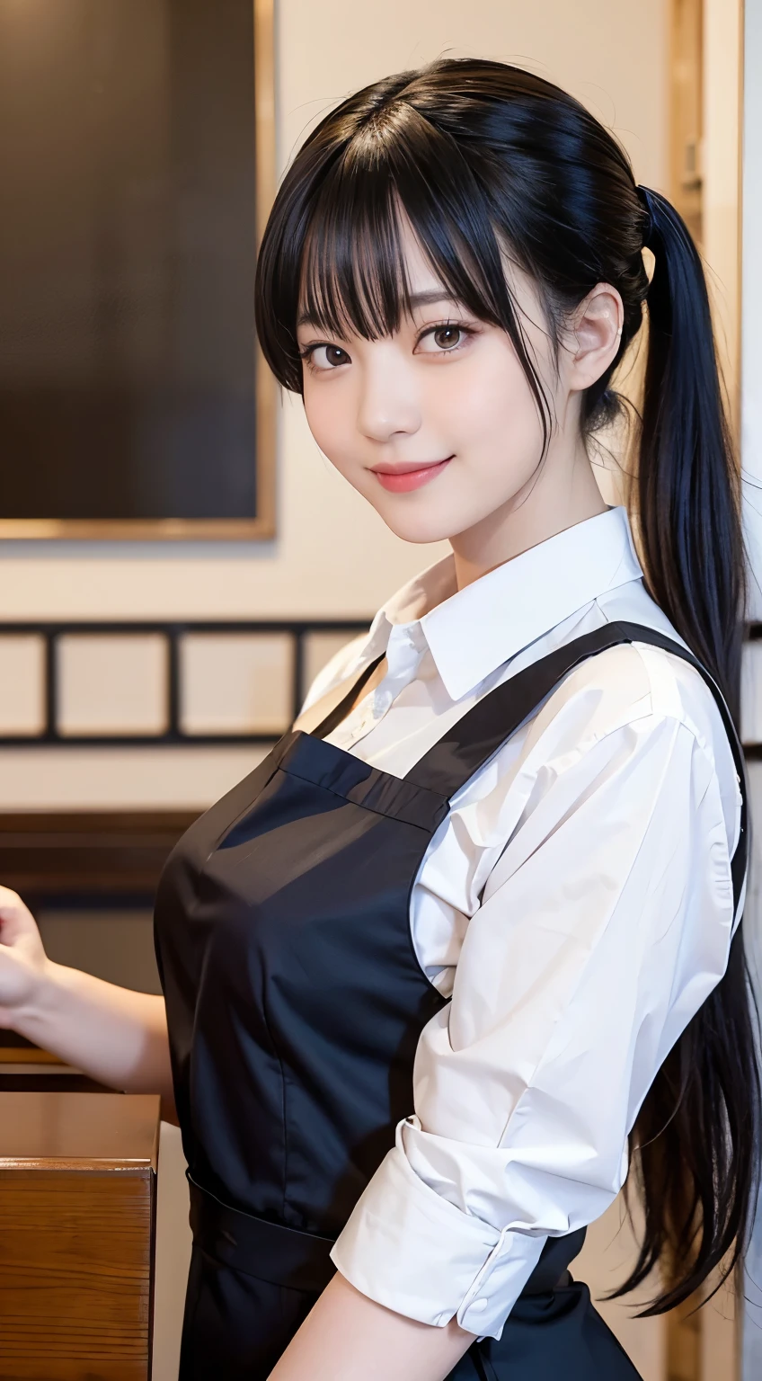 (highest quality,masterpiece:1.3,Ultra-high resolution,),(Very detailed,Caustics),(Photorealistic:1.4,RAW shooting,)Ultra-Realistic Capture,Very detailed,High resolution 16K human skin closeup。 Natural skin texture、,Pores、、、、It must be detailed enough to be easily identifiable。 Skin tone is even and healthy looking。 Use natural light and color,restaurant,Waitress Uniform,1 girl,Japanese,18-year-old,cute,Black-haired,ponytail,Big Breasts,smile,Turn your body forward,(Front view:1.1),Looking at the camera,Cowboy Shot,