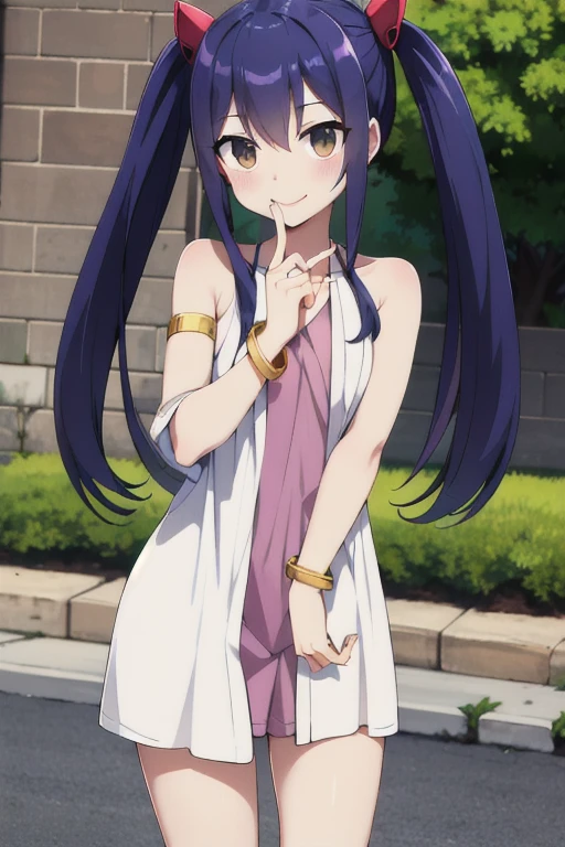 masterpiece, highest quality, High resolution, Arwendy, Long Hair, Twin tails, hair ornaments, Exposing shoulders, bathrobe,Bracelet, bracelet, Outdoor, Are standing, Cowboy Shot, smile,