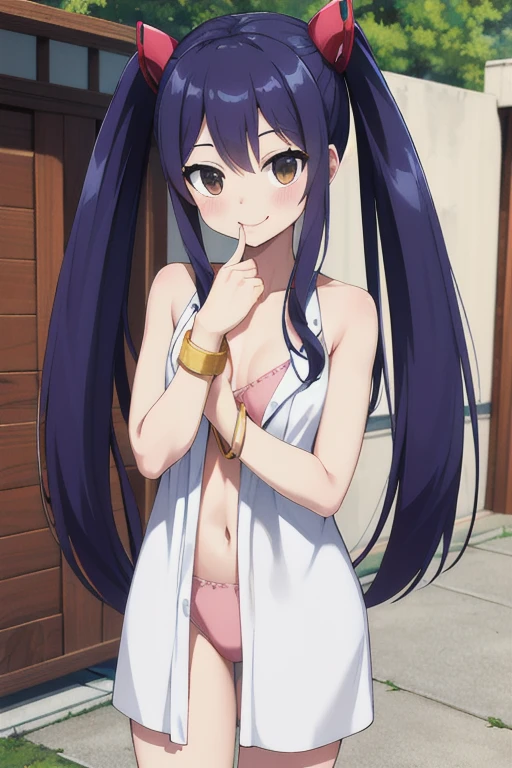 masterpiece, highest quality, High resolution, Arwendy, Long Hair, Twin tails, hair ornaments, Exposing shoulders, bathrobe,Bracelet, bracelet, Outdoor, Are standing, Cowboy Shot, smile,