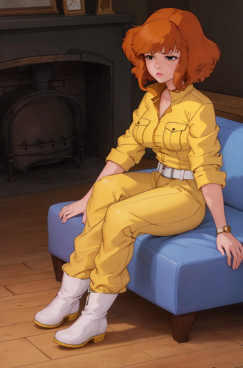 absurdres, april o'neil, 1girl, solo, short brown hair, black eyes, full body, yellow jumpsuit, sleeves rolled up, white belt, high white boots, tight clothes, sitting on sofa, in her room, sad, shy