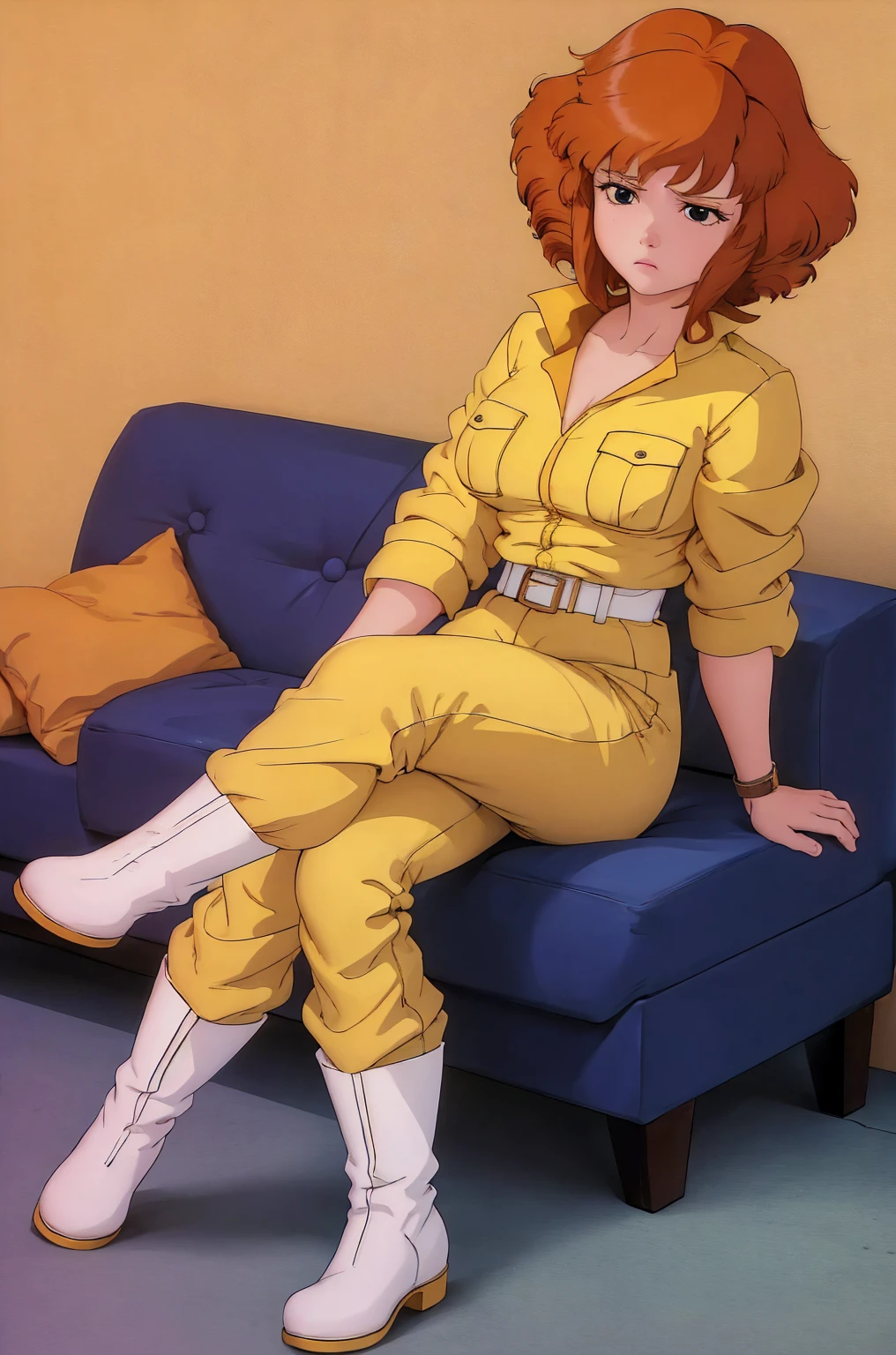 absurdres, april o'neil, 1girl, solo, short brown hair, black eyes, full body, yellow jumpsuit, sleeves rolled up, white belt, high white boots, tight clothes, sitting on sofa, in her room, sad, shy