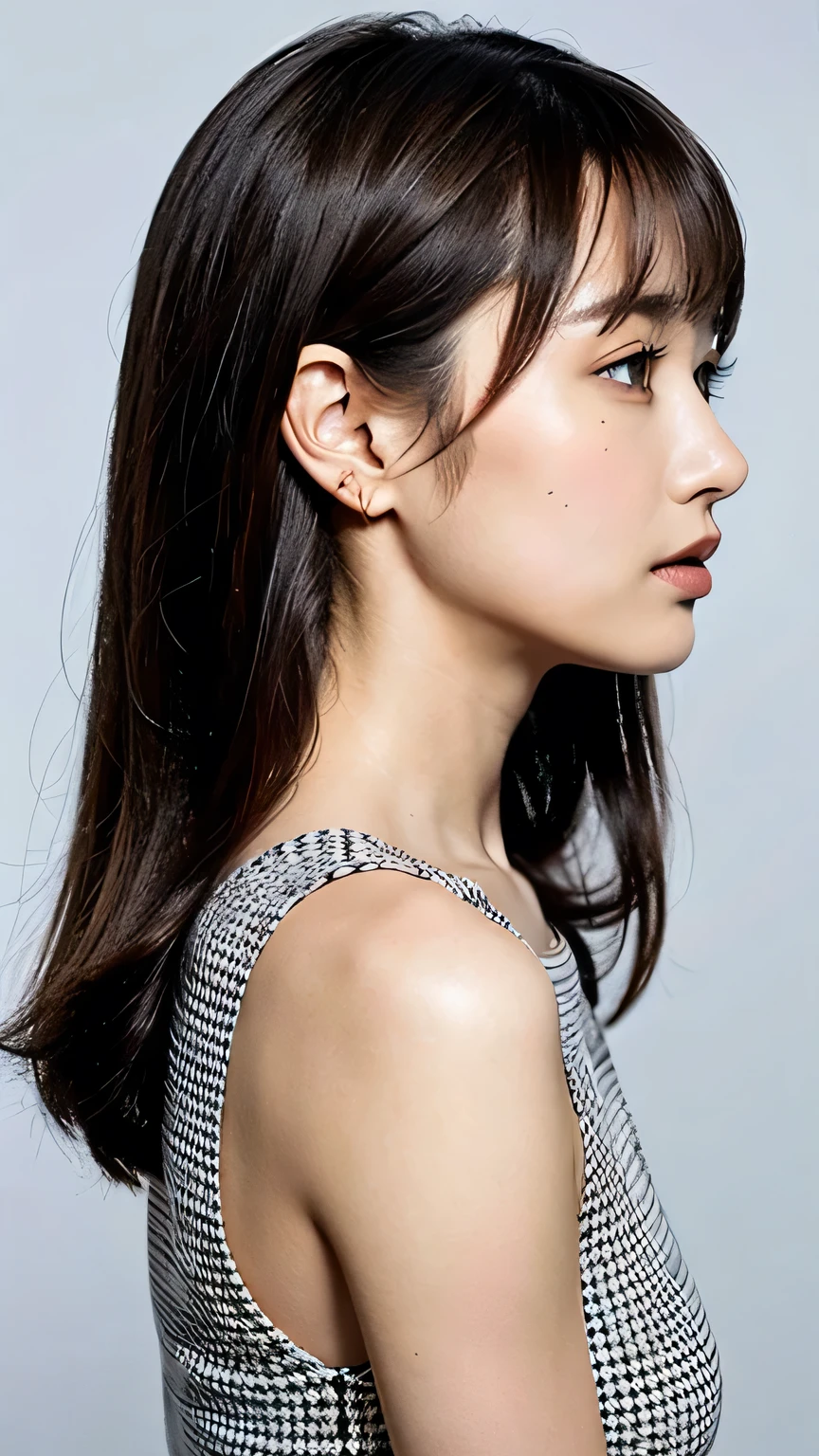 Young Japanese Woman, 30th Generation, No background,Background white, Simple background, Black brown hair, 4K, 8k, high quality, Beauty Products, Beautiful Eyes, Simple, High resolution,1 person、Beautiful Skin、Beautiful Skin、profile、bangs、No sleeve,profile