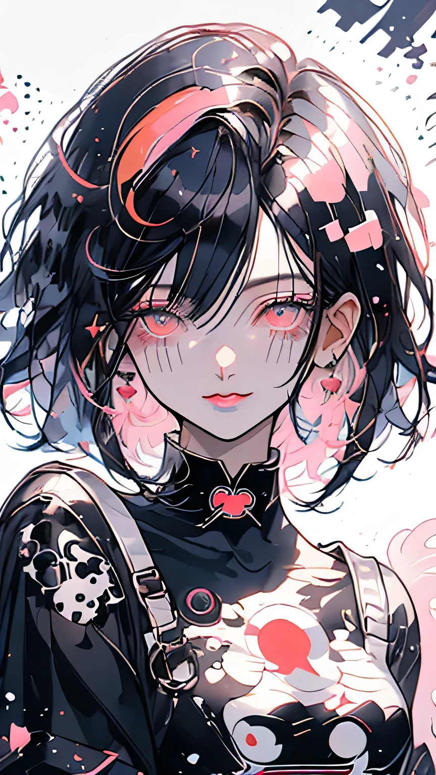 One girl, alone, Black Hair, Bob Hair,View Viewer, Simple Background, White Background, smile, 白いone piece, Upper Body, Black Hair, Red Eyes,front, one piece, lips, eyelash, compensate, Bob Hair,Straight Hair, Straight Bangs,lipstick, eye shadow, pink lips, Variegated eyes,