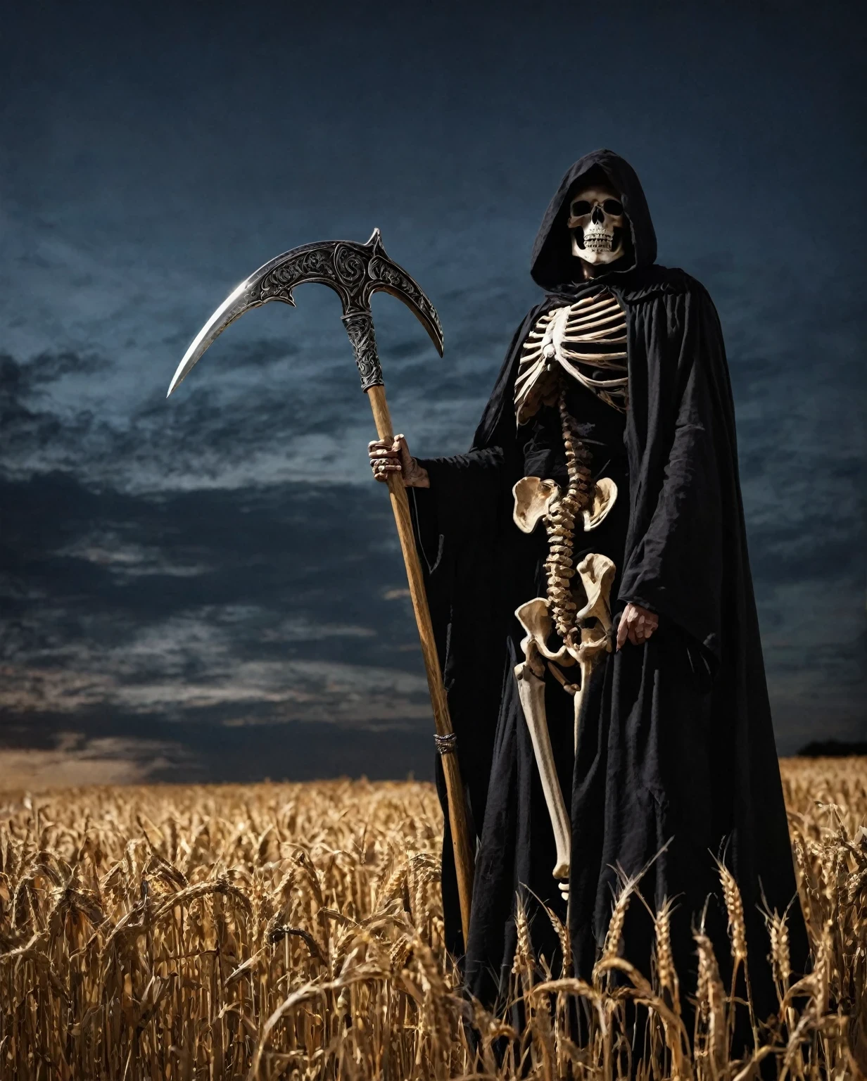 Grim reaper(or reaper for short)It is the English name of the god of death.,Image of a skeleton wearing a black cloak,Holding a sickle。This is a Western allusion.,In the Bible, Jesus compares believers to wheat,When the time comes, we will harvest.(Entering Heaven),So later in the West, harvest has become a synonym for death,The sickle became the weapon of the god of death.,background:night