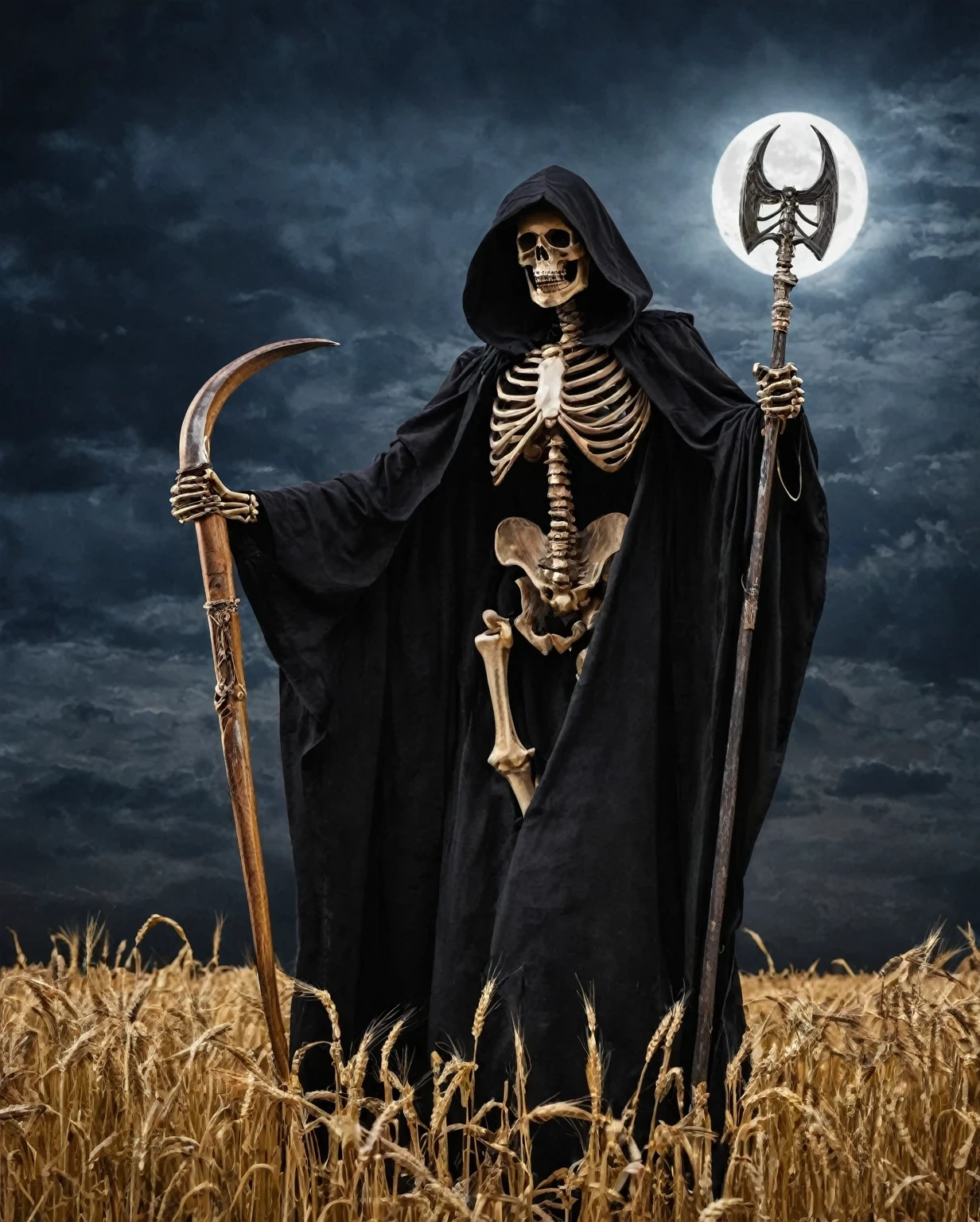 Grim reaper(or reaper for short)It is the English name of the god of death.,Image of a skeleton wearing a black cloak,Holding a sickle。This is a Western allusion.,In the Bible, Jesus compares believers to wheat,When the time comes, we will harvest.(Entering Heaven),So later in the West, harvest has become a synonym for death,The sickle became the weapon of the god of death.,background:night