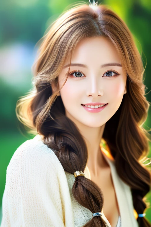 ((highest quality)), ((masterpiece)), (detailed), Head to waist angle、Perfect Face、Perfect body、Light brown hair、Beautiful Skin、A beautiful Russian and Korean woman、(masterpiece:1.3), (8k, Photorealistic, Raw photo, Best image quality: 1.4), (Random Hairstyles:1.2)、Cleavage:1.2、Super detailed face、Attention to detail、double eyelid、Sharp focus:1.2、Beautiful woman:1.4、highest quality、masterpiece、 high resolution、(Photorealistic:1.4)、非常にdetailedでプロフェッショナルな照明の笑顔、thin、Serious expression、A perfect smile、Top view