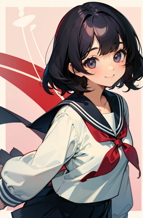 Cute Girls、Black Hair、bangs、Sailor suit、Schoolへ向かう、smile、School、The ribbon is red、
