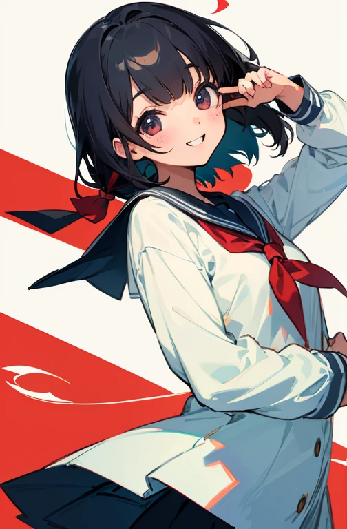 Cute Girls、Black Hair、bangs、Sailor suit、Schoolへ向かう、smile、School、The ribbon is red、