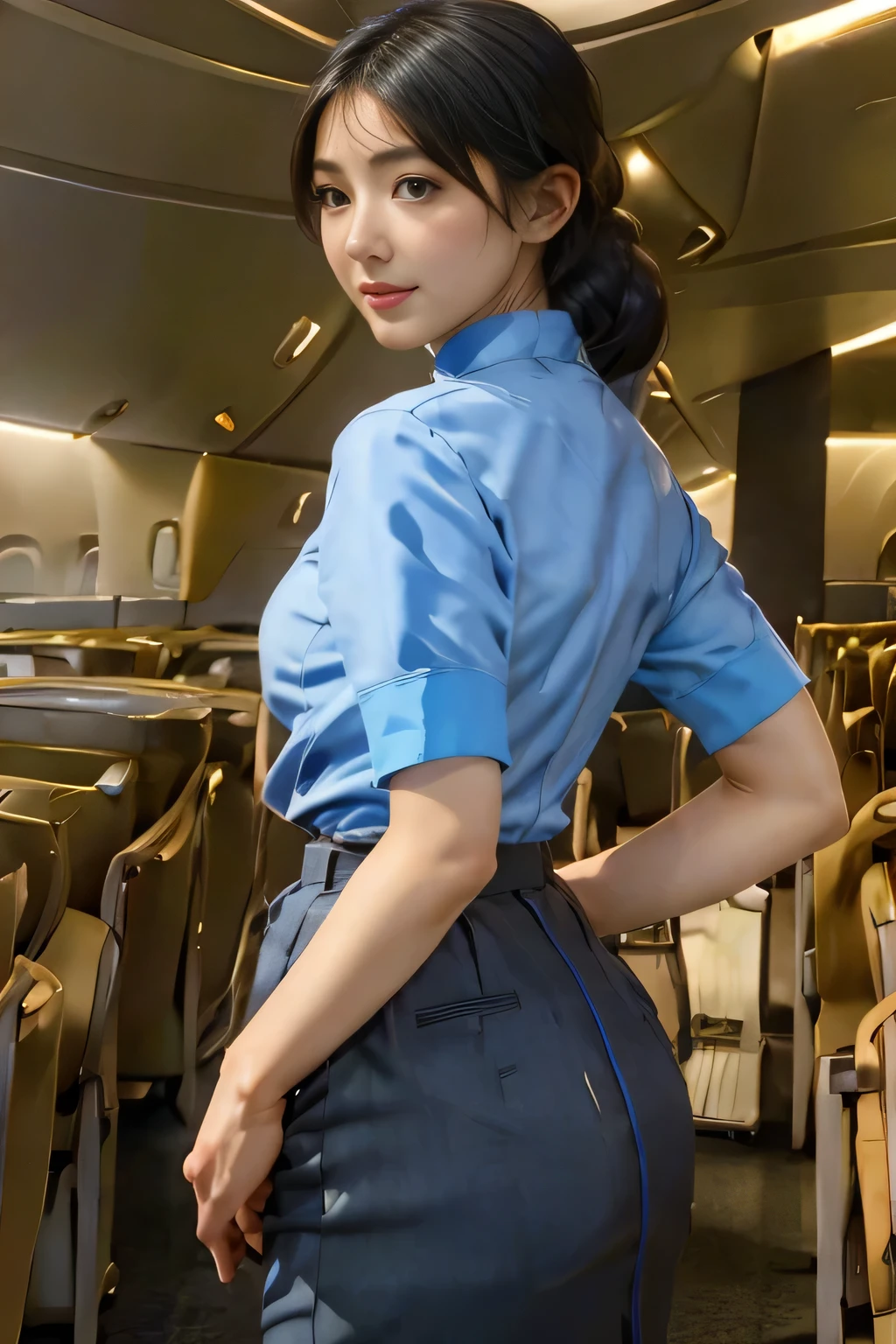 masterpiece:1.2、highest quality:1.2)、32K HDR、High resolution、(alone、1 girl、Slim figure)、（Realistic style wearing the ANA cabincrew uniform）、 (At the airport counter, Professional Lighting)、A proper woman, Beautiful Face,、（ANA cabincrew uniform）、（Short sleeve light blue blouse）、（ANA cabincrew uniform skirt with blue line on the back）、（Scarf around the neck）、Big Breasts、（Long hair updo、Chignon）、Dark brown hair、Long Shot、（（Fine hand：2.0））、（（Harmonious body proportions：1.5））、（（Normal limbs：2.0））、（（Normal finger：2.0））、（（Delicate eyes：2.0））、（（Normal eyes：2.0））)、Beautiful back view、smile