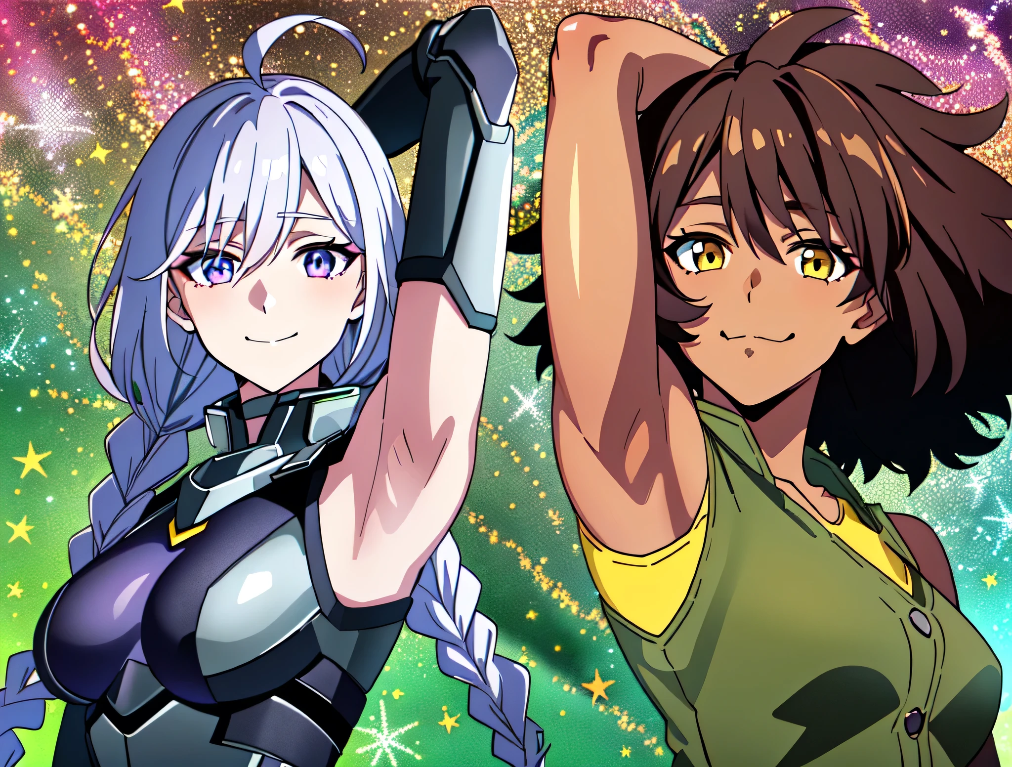 2girls, (purple white hair, purple white gradient long hair:1.2), braids, (twin braids:1.1), long braids, big braids, ahoge, purple eyes, light purple gloving, medium breasts, bodysuit, armored armored bodysuit, futuristic bodysuit, sleeveless, grey and purple bodysuit, breastplate, white breastplate, gloves, elbow gloves, armored gloves, light smile, (closed mouth:1.2), indifferent, kind, (dark skin, dark-skinned female:1.3), dark-brown eyes, medium breasts, (yellow tank top, yellow tank top under the vest:1.3), vest, (dark-green vest:1.3), sleeveless vest, collarbone, sleeveless, bare hands, bare shoulders, (dark-brown hair:1.2), (dreadlocks, afro hair:1.1), anime screencap, cosmic background, (pink and purple background:1.2), colorful background, stars, frontlighting, masterpiece, absurdres, hdr, soft light, best quality, detailed, highres, shiny skin, shiny hair, (looking at viewer, eye contact with viewer:1.5), arm up, armpit, arm above head, arm behind head, from below, from side